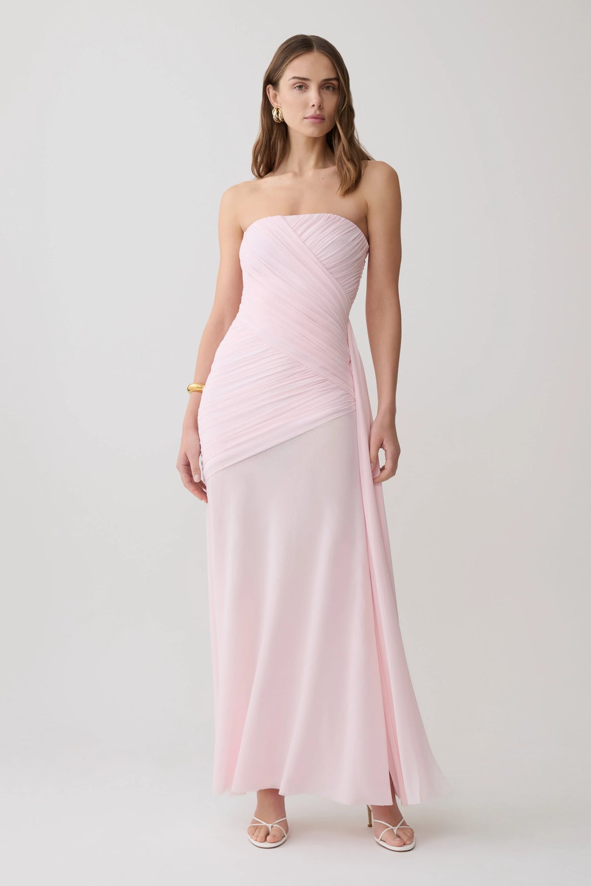 Monet Strapless Ruched Mesh Maxi Dress Ballet Pink
