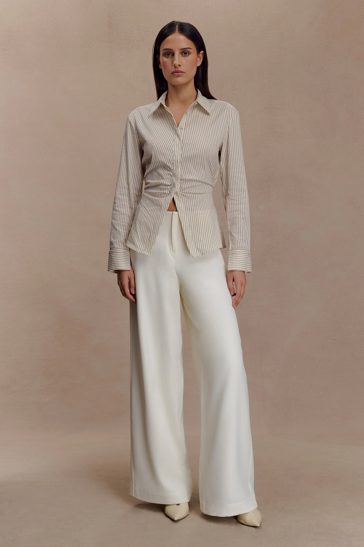 Millie Tie Back Cotton Shirt Beige Pinstripe