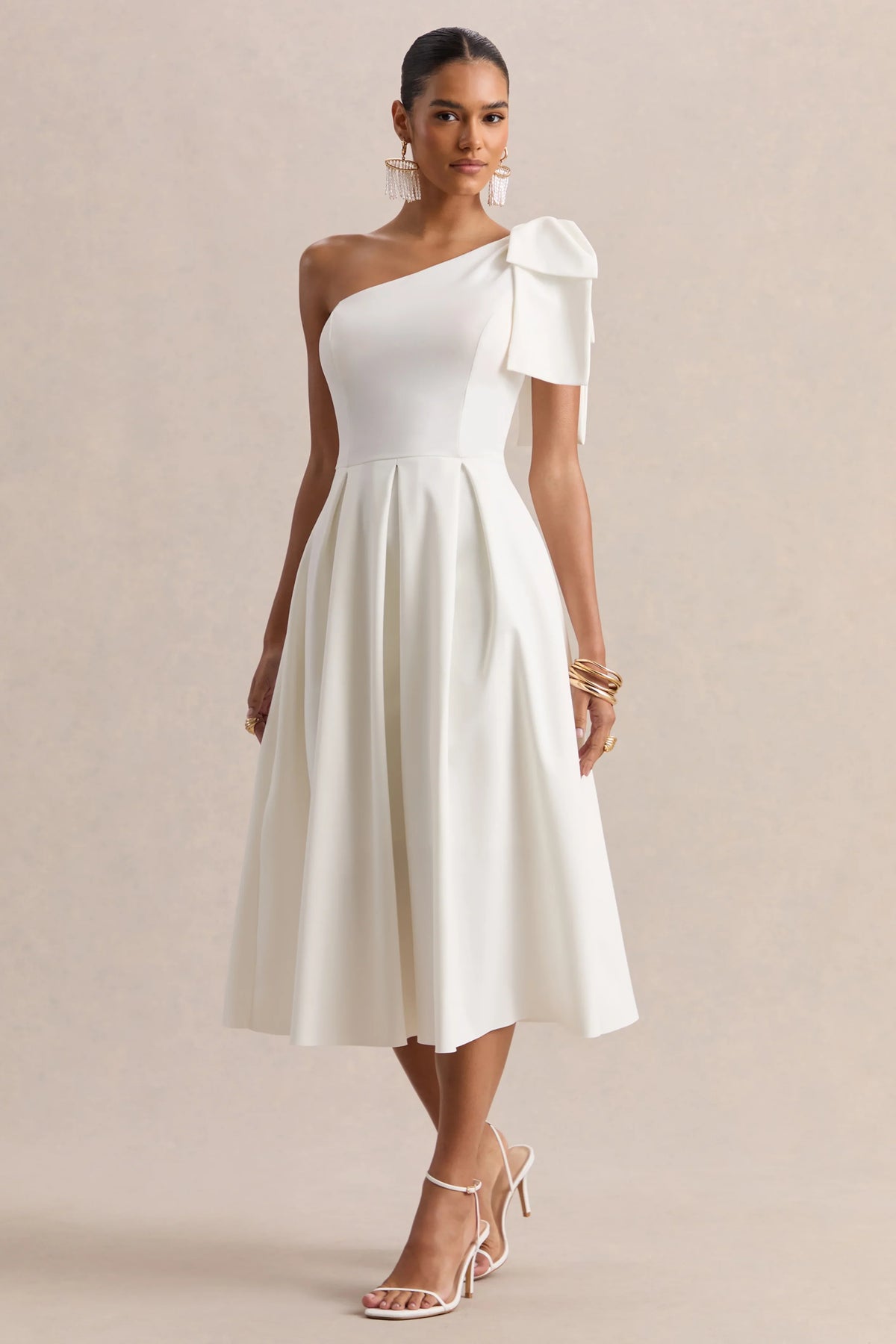 Meria White Asymmetric Neck Midi Dress With Bow Sleeve