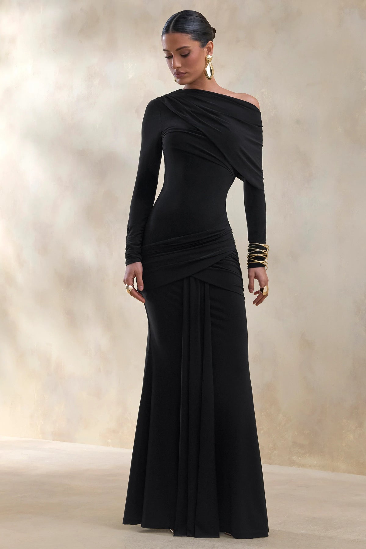 Kessara Black Asymmetric Neck Maxi Dress With Sash And Gathered Detailing