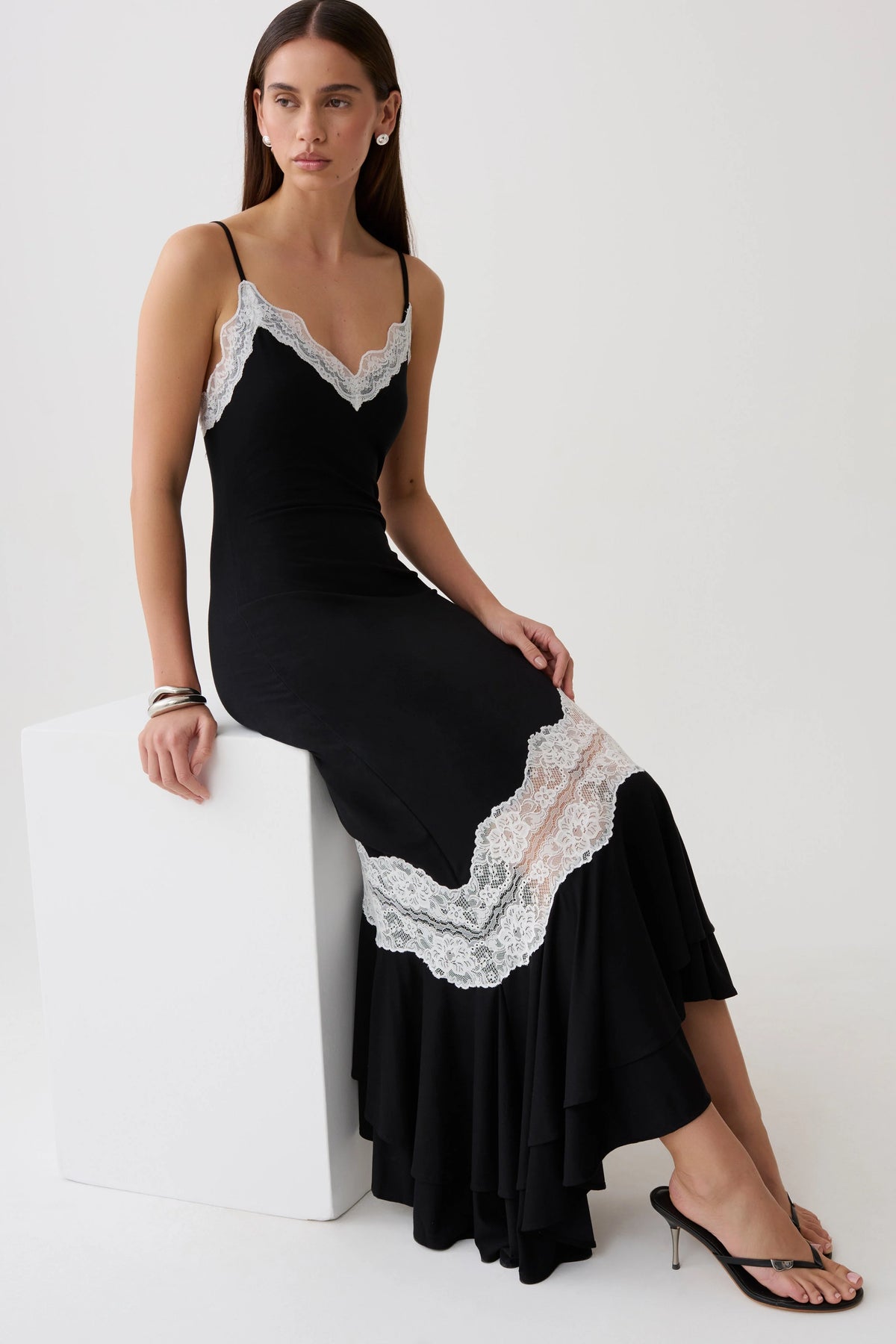 Annis Frilled Hem Lace Midi Dress Black White