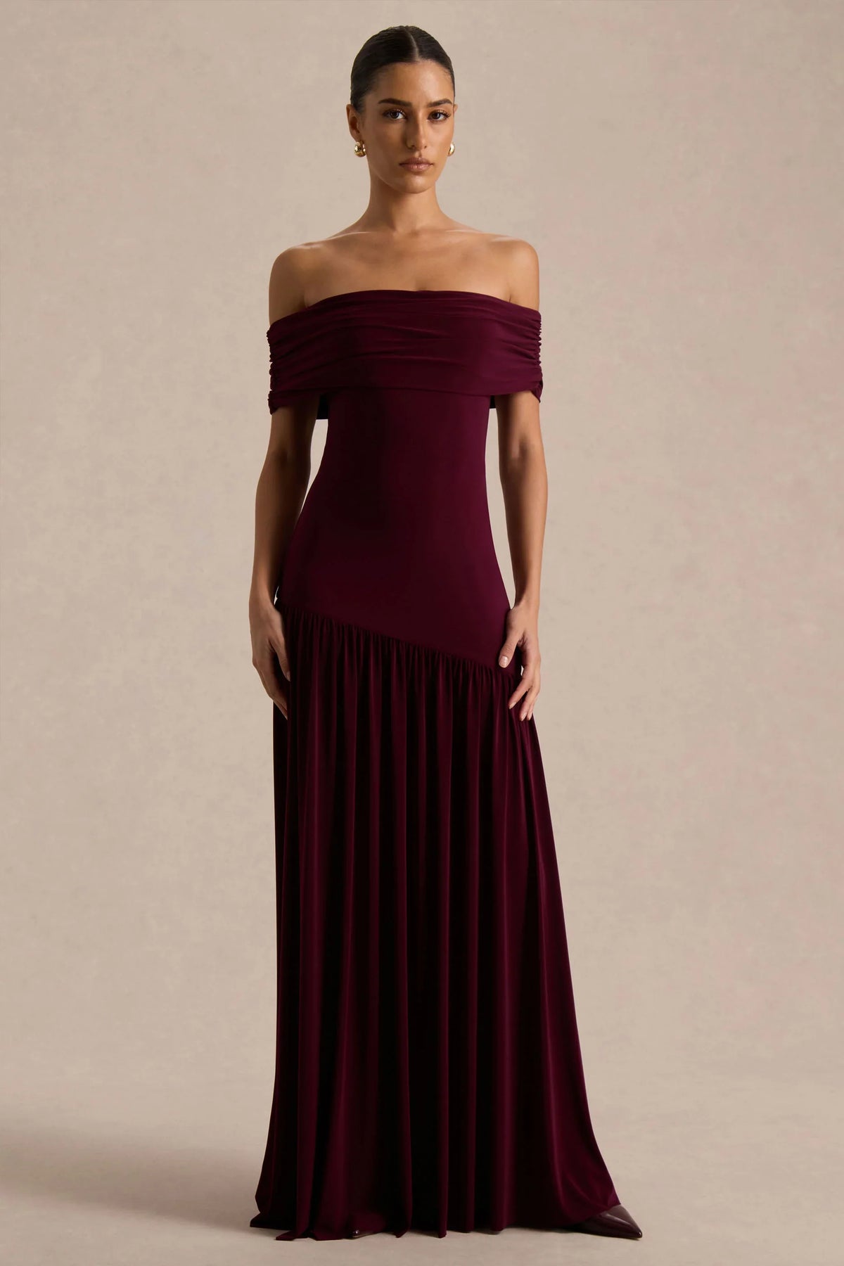 Venezia Burgundy Bardot Maxi Dress With Drop Waist