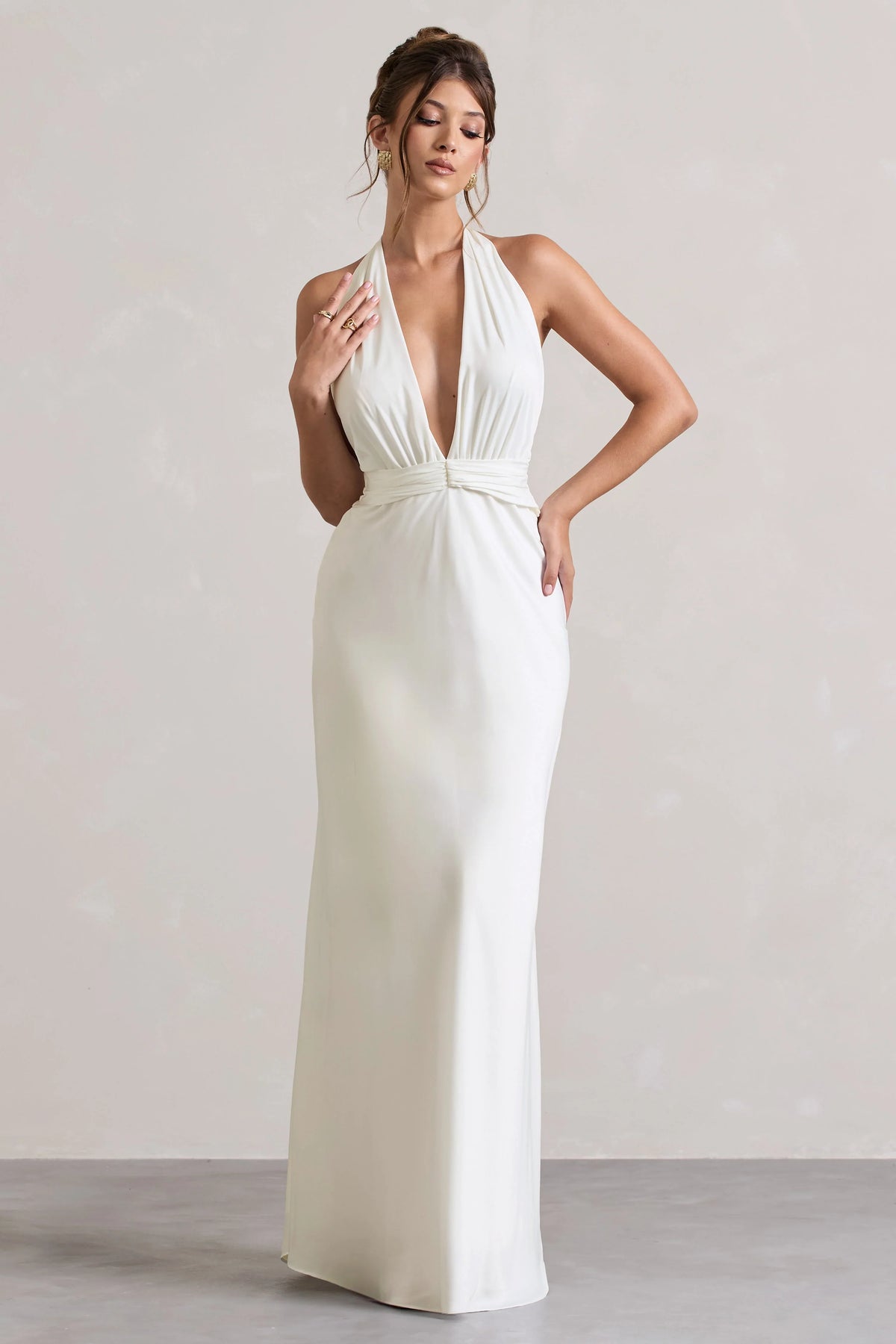 Carolyn Ivory Satin Plunge Maxi Dress With Dipped Hem