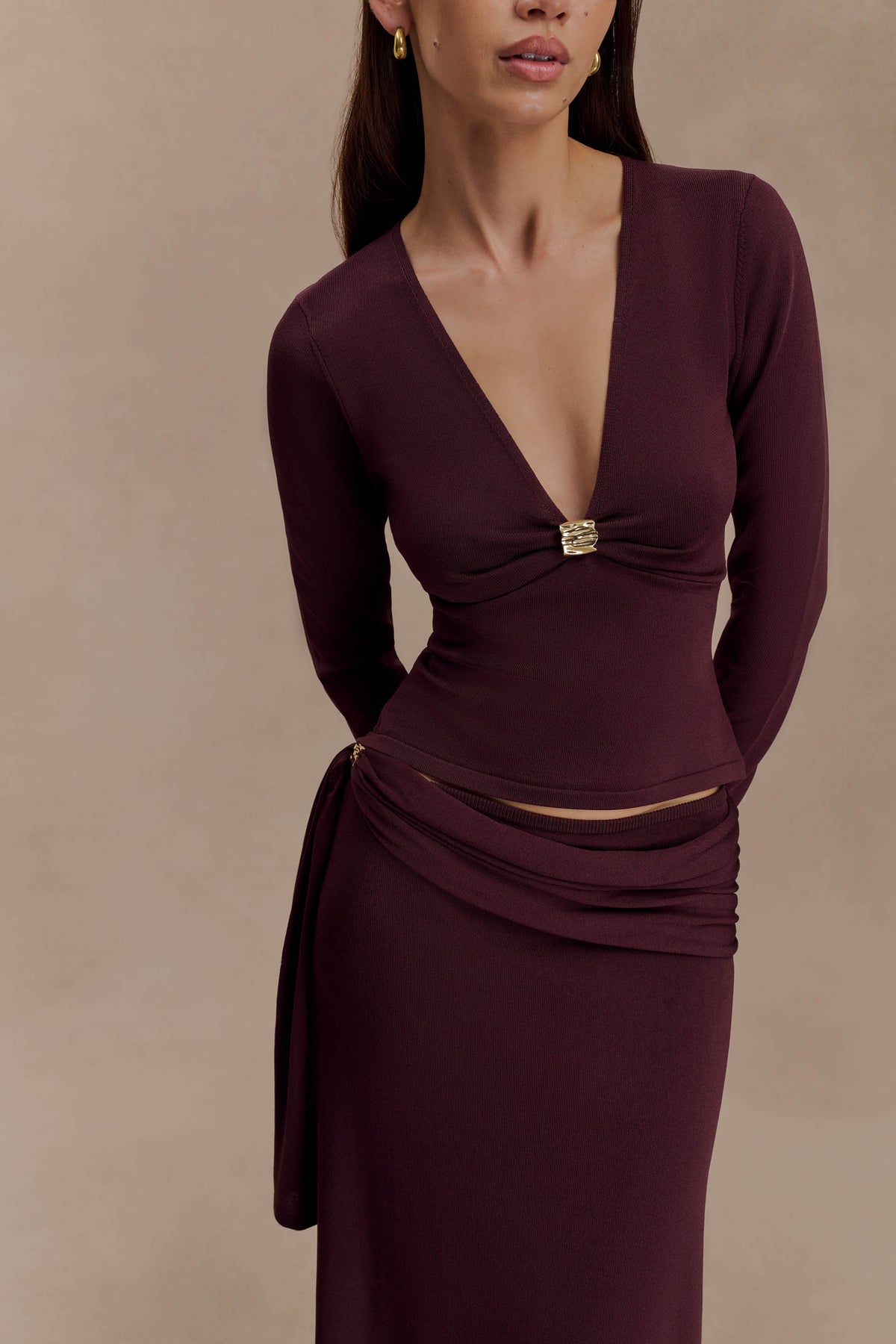 Miraby Front Ruched Knit Long Sleeve Top Dark Chocolate
