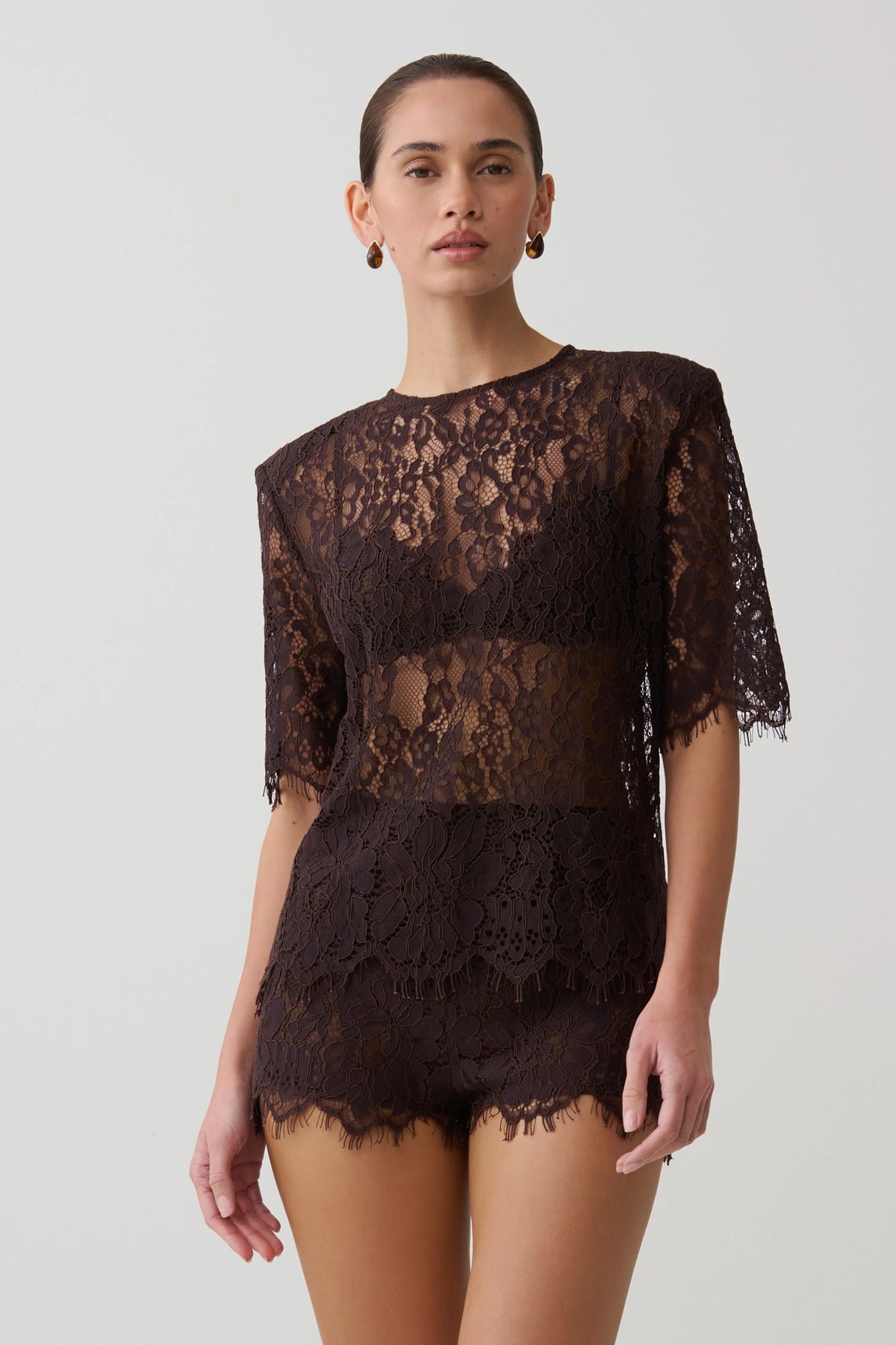 Harlyn Shoulder Pad Short Sleeve Lace Top Dark Chocolate
