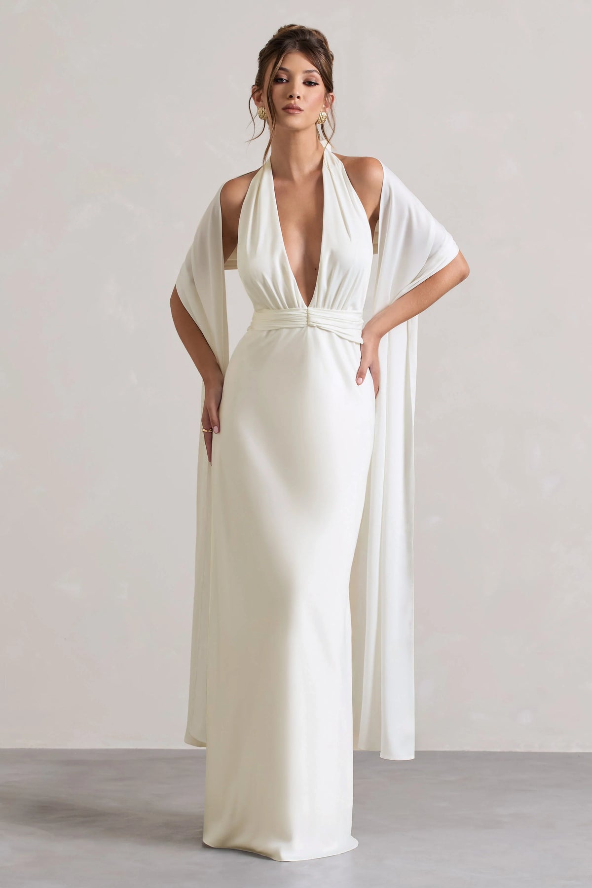 Carolyn Ivory Satin Plunge Maxi Dress With Dipped Hem