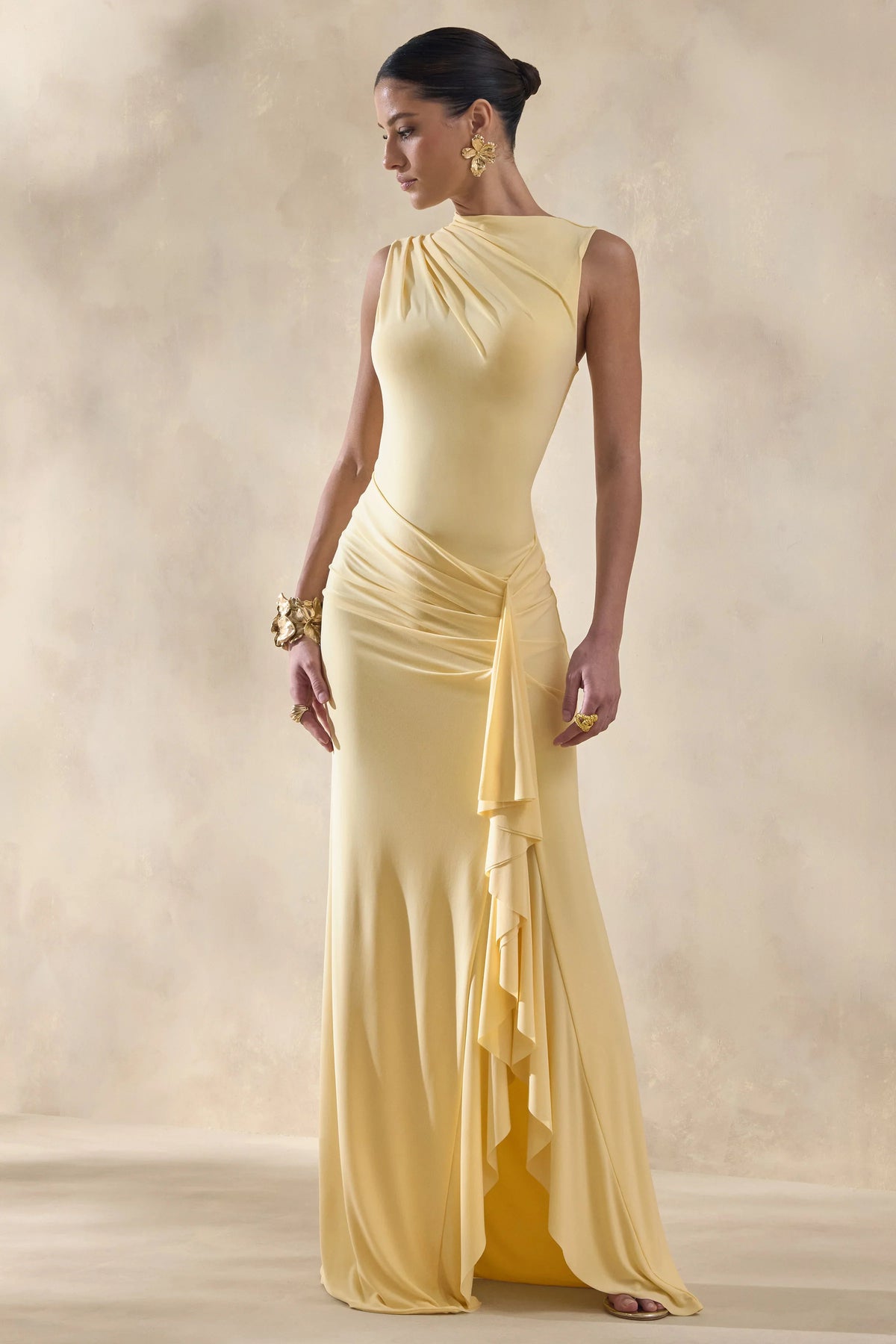 Helessia Lemon Asymmetric Neck Maxi Dress With Gathered Detailing And Sash