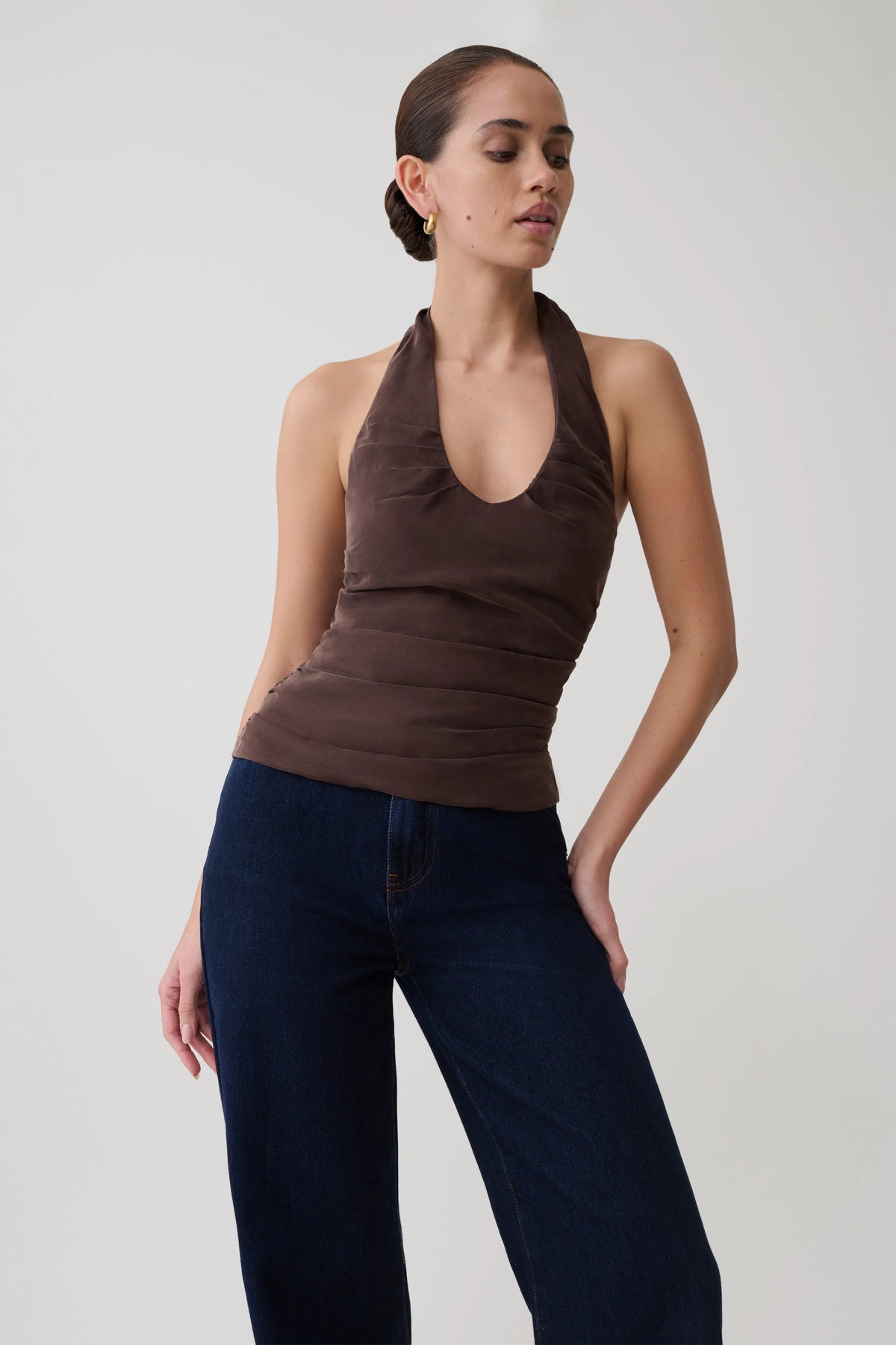 Daniela Ruched Halter Top Dark Chocolate
