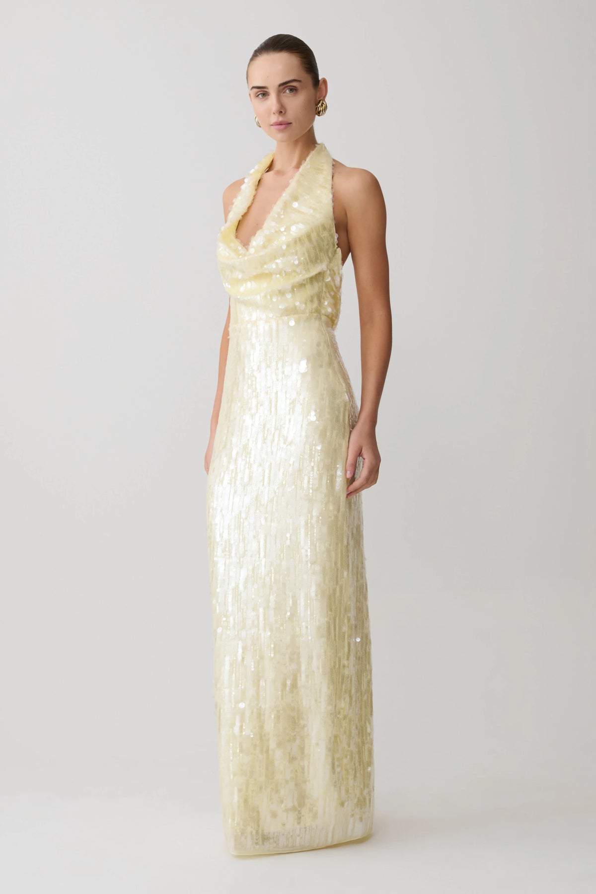 Gertrud Sequin Halter Maxi Dress Lemon