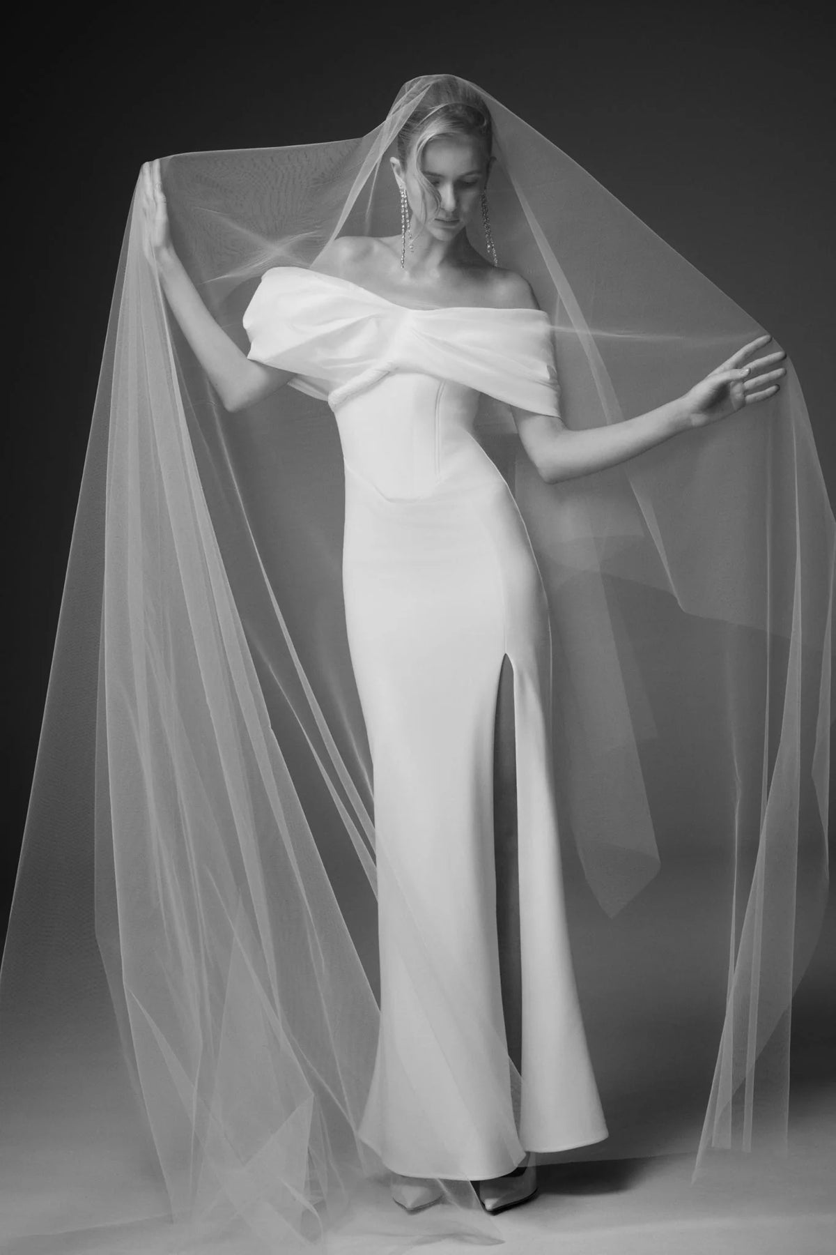 Aphrodite Off Shoulder Crepe Gown Ivory