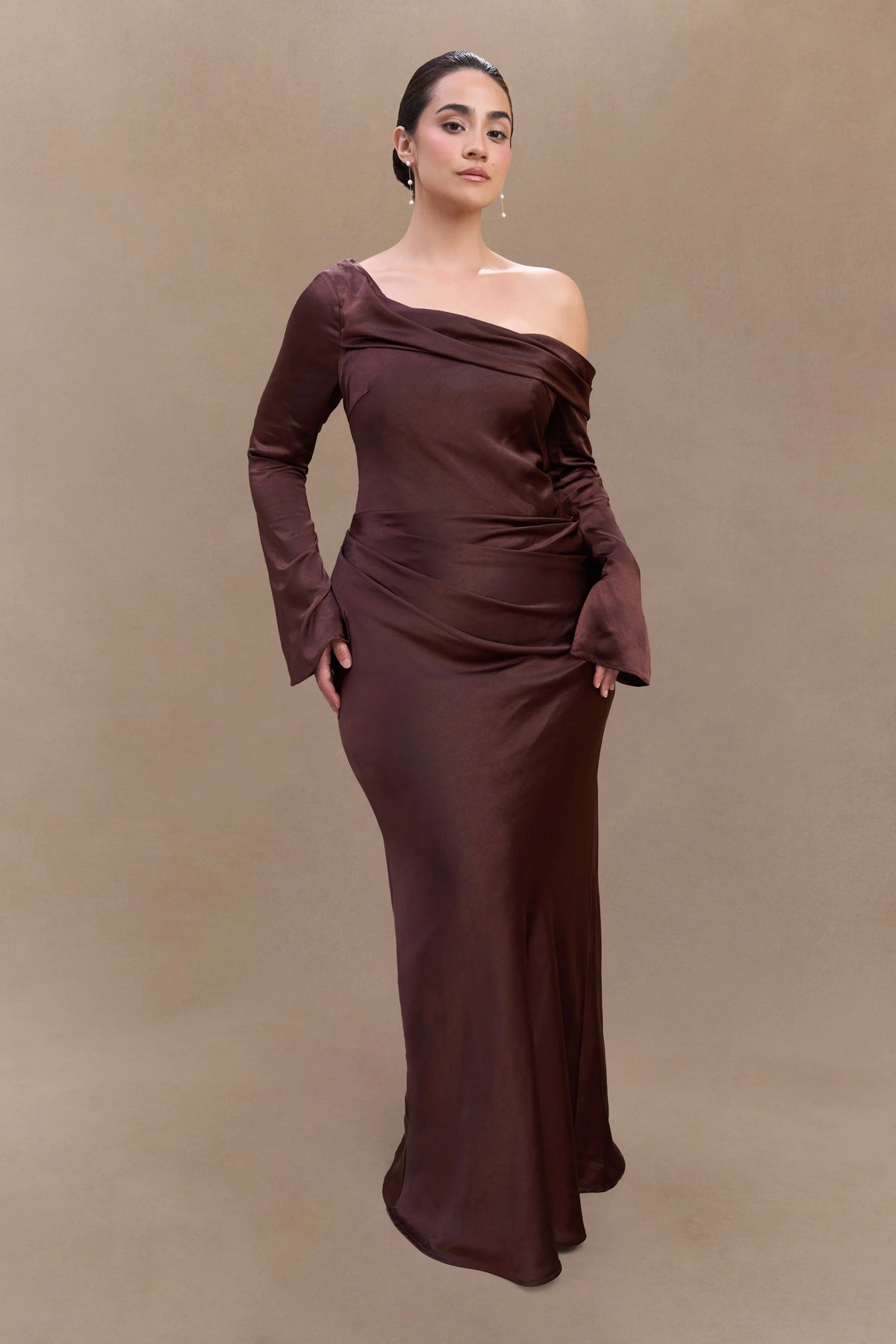 Iris Long Sleeve Satin Maxi Dress Dark Chocolate