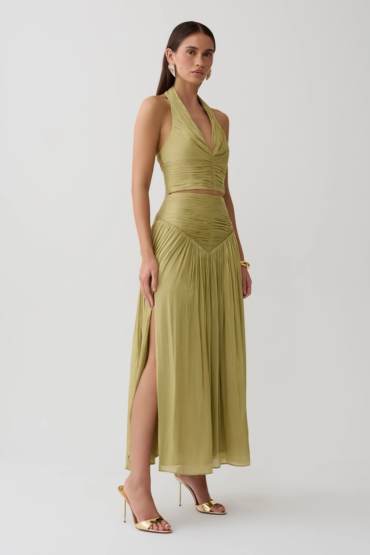 Makena Gathered V Neck Top Green