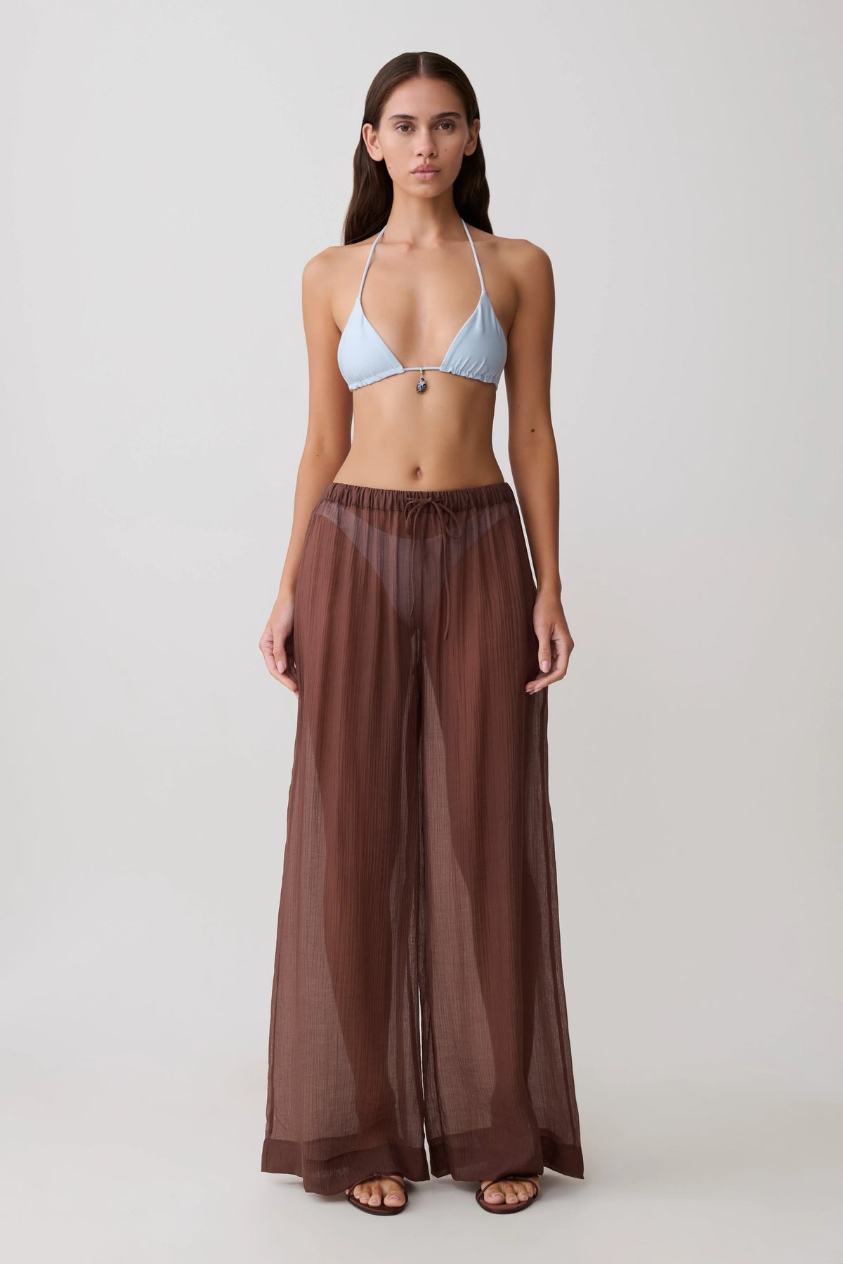 Leilani Sheer Drawstring Wide Leg Pants Chocolate