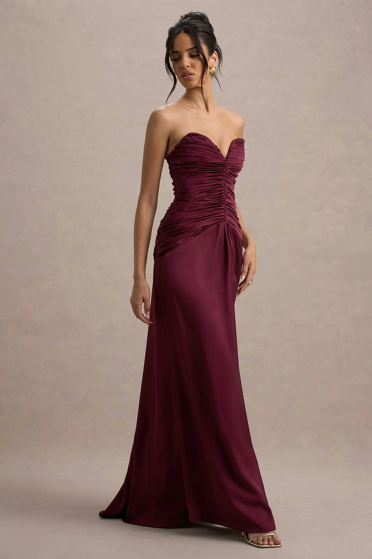 Desirie Plum Satin Sweetheart Gathered Maxi Dress