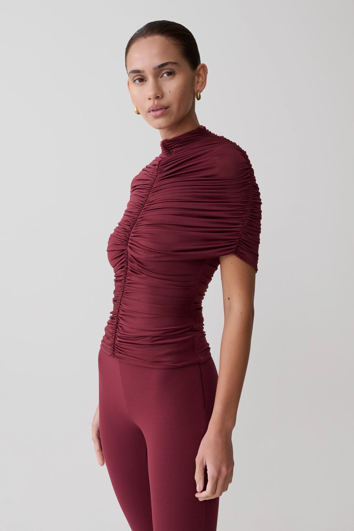 Linh Slinky High Neck Gathered Top Mahogany