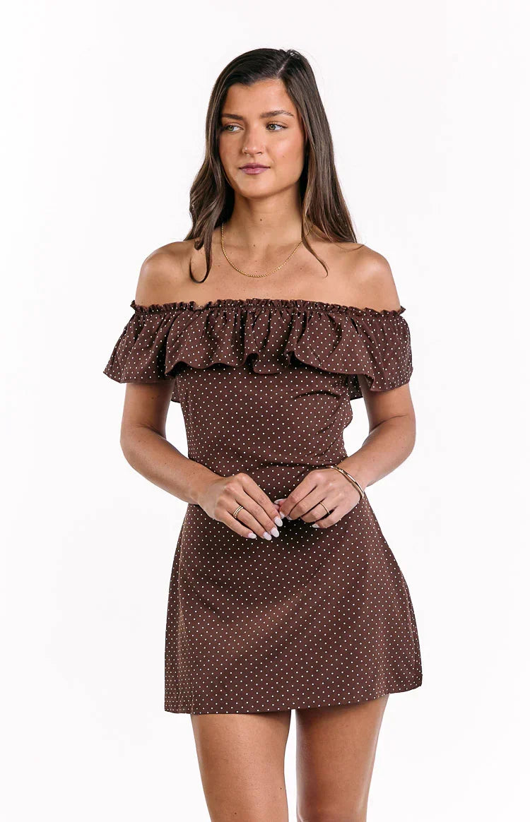 Haylie Brown Polka Dot Off Shoulder Mini Dress