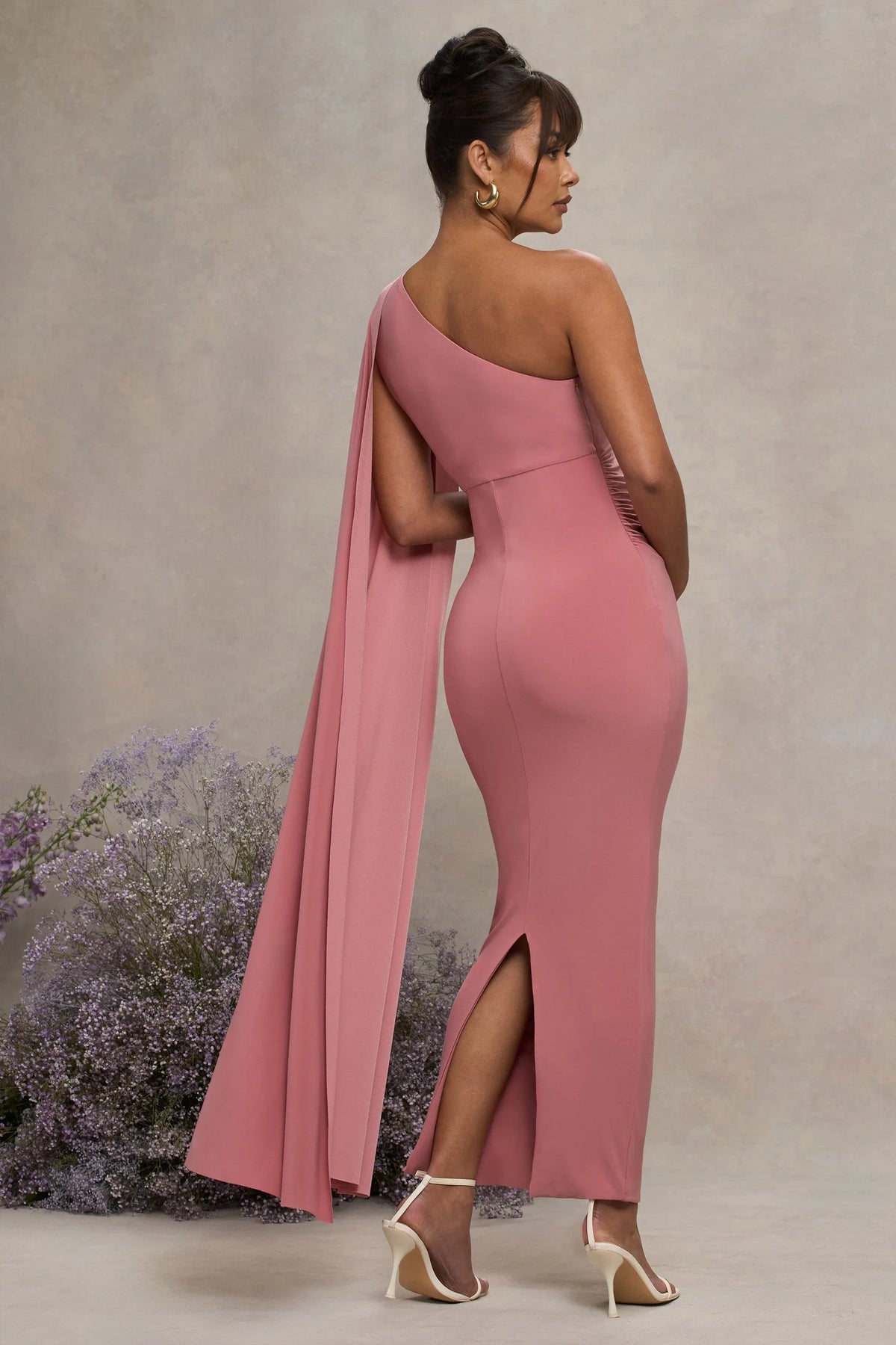 Amaryllis Blush Pink Maternity One Shoulder Maxi Dress with Cape Sleeve