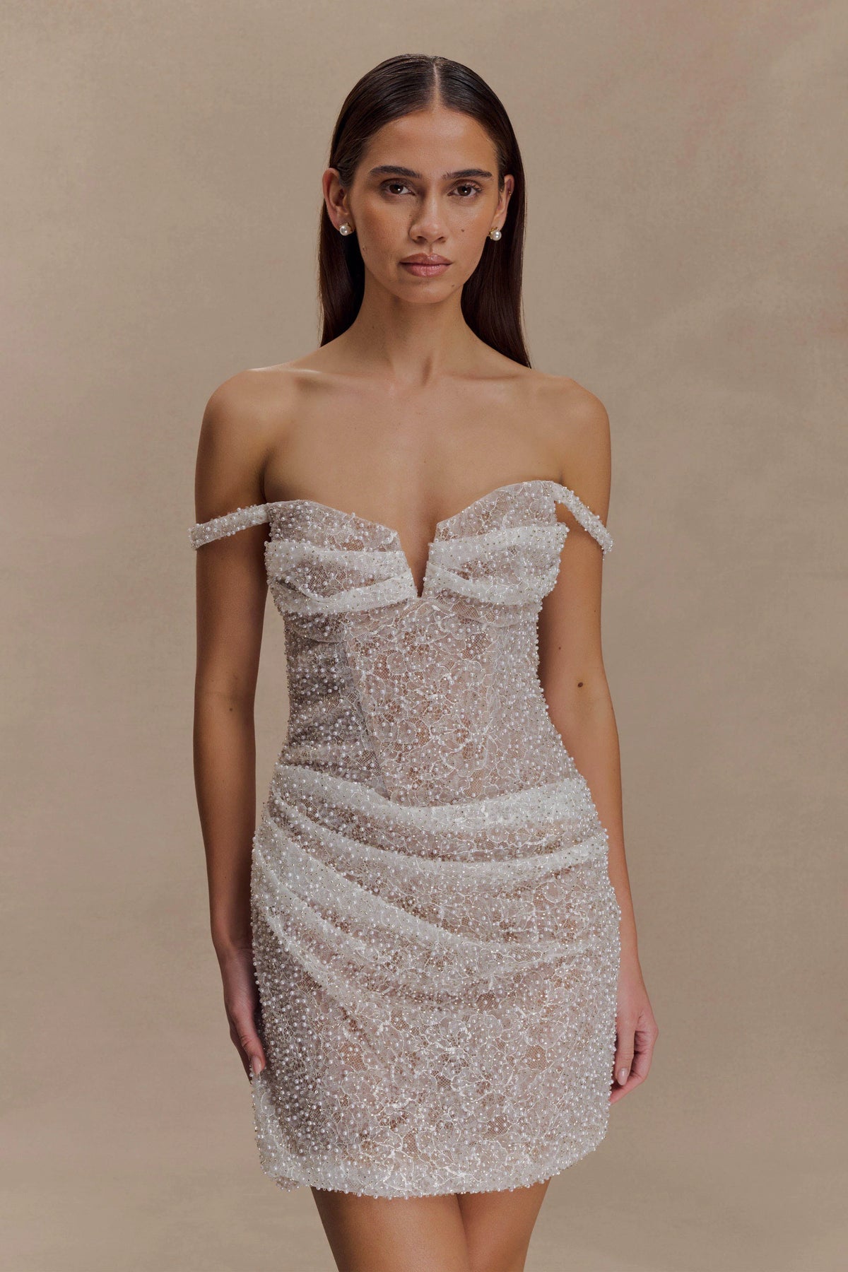 Connie Beaded Bodycon Mini Dress Nude
