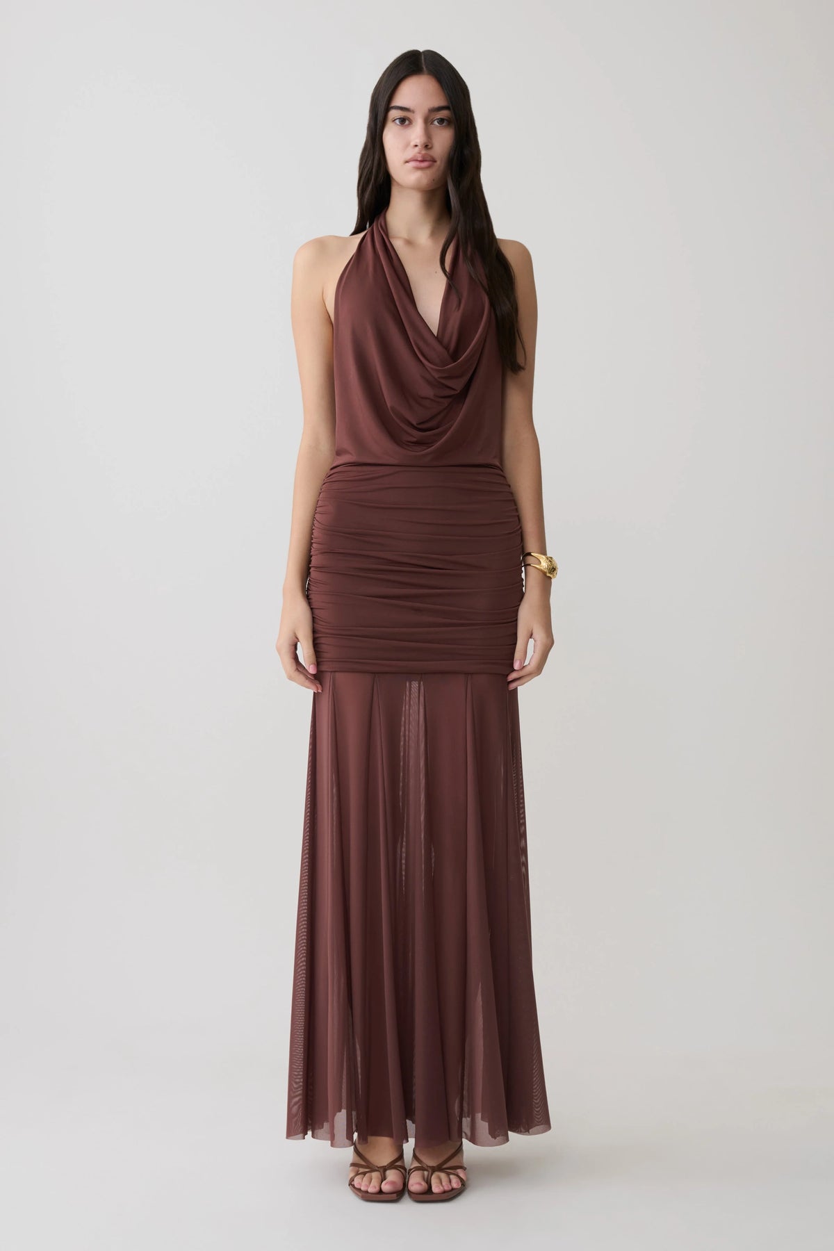 Jorja Draped Halter Slinky Maxi Dress Chocolate