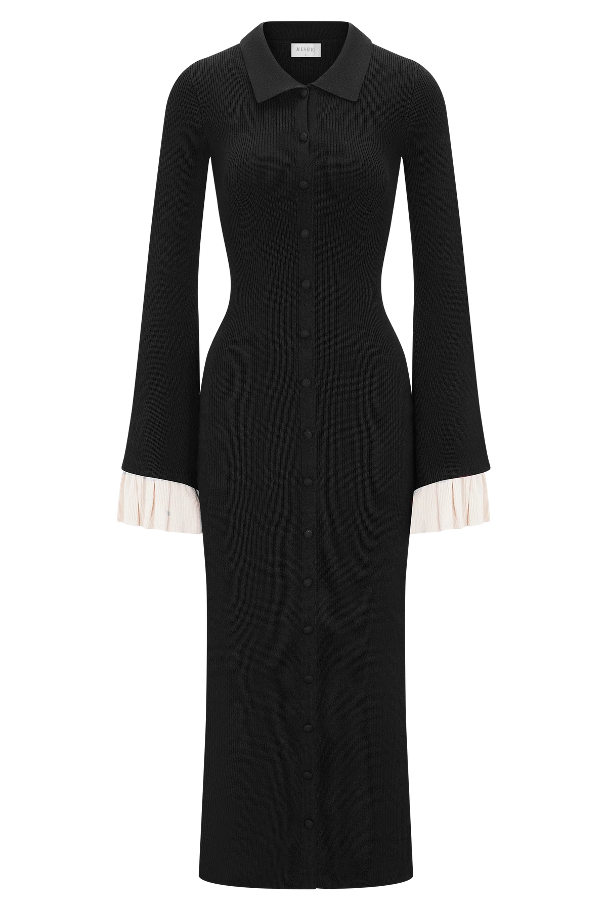 Amirose Ruffle Knit Midi Dress Black