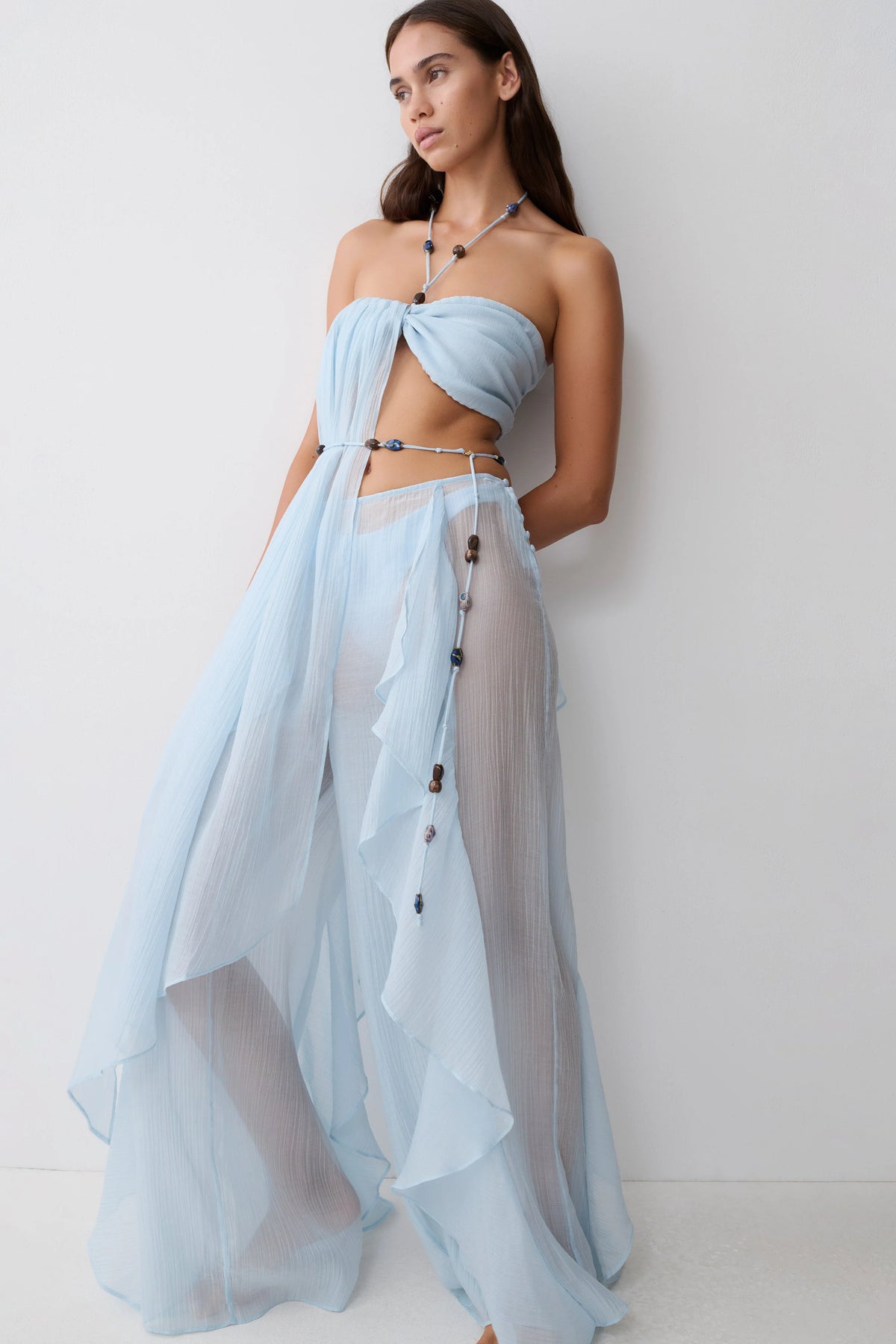 Kai Beaded Draped Scarf Top Pale Blue
