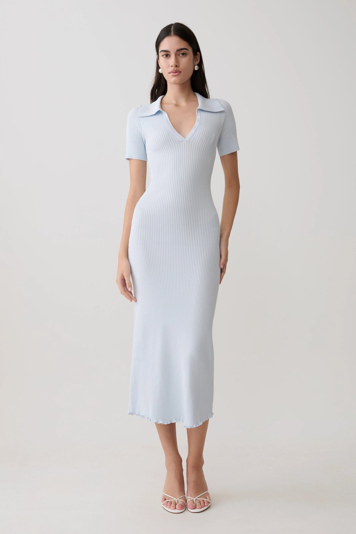 Nichelle Short Sleeve Collared Knit Midi Dress Light Blue