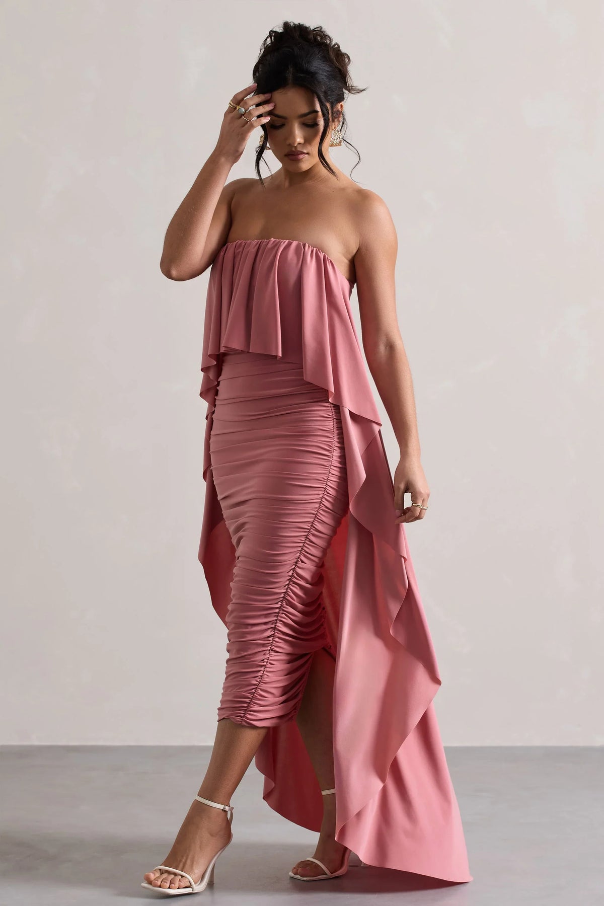 Upon A Time Blush Ruched Bandeau Midi Dress With Cape