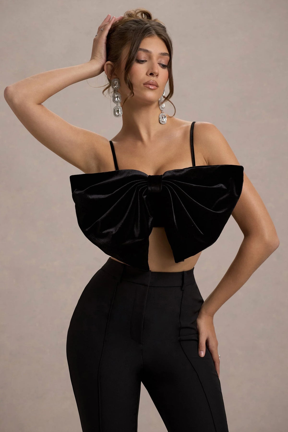 Adya Black Velvet Strappy Bow Crop Top