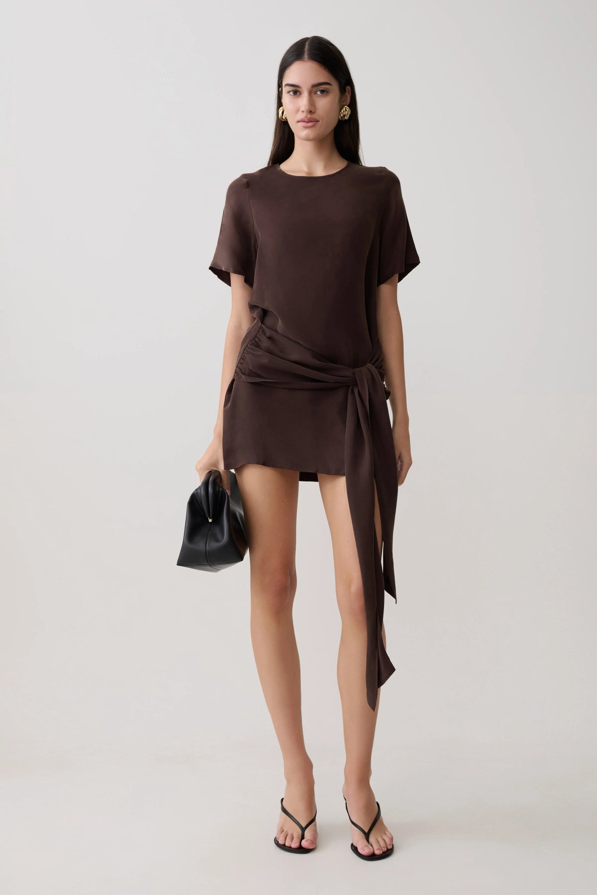 Felicity Short Sleeve Dress With Waist Tie Dark Chocolate