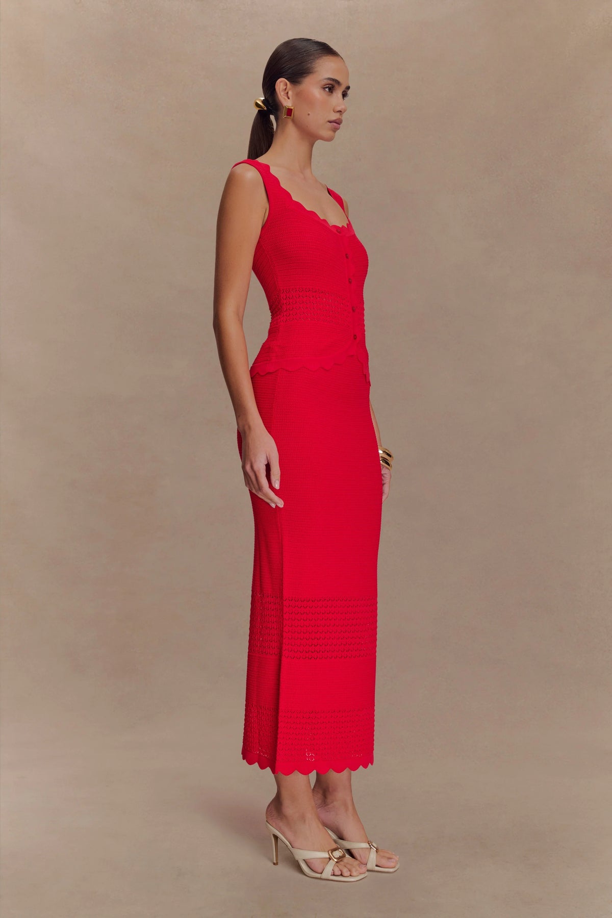 Madeline Scallop Knit Midi Skirt Red
