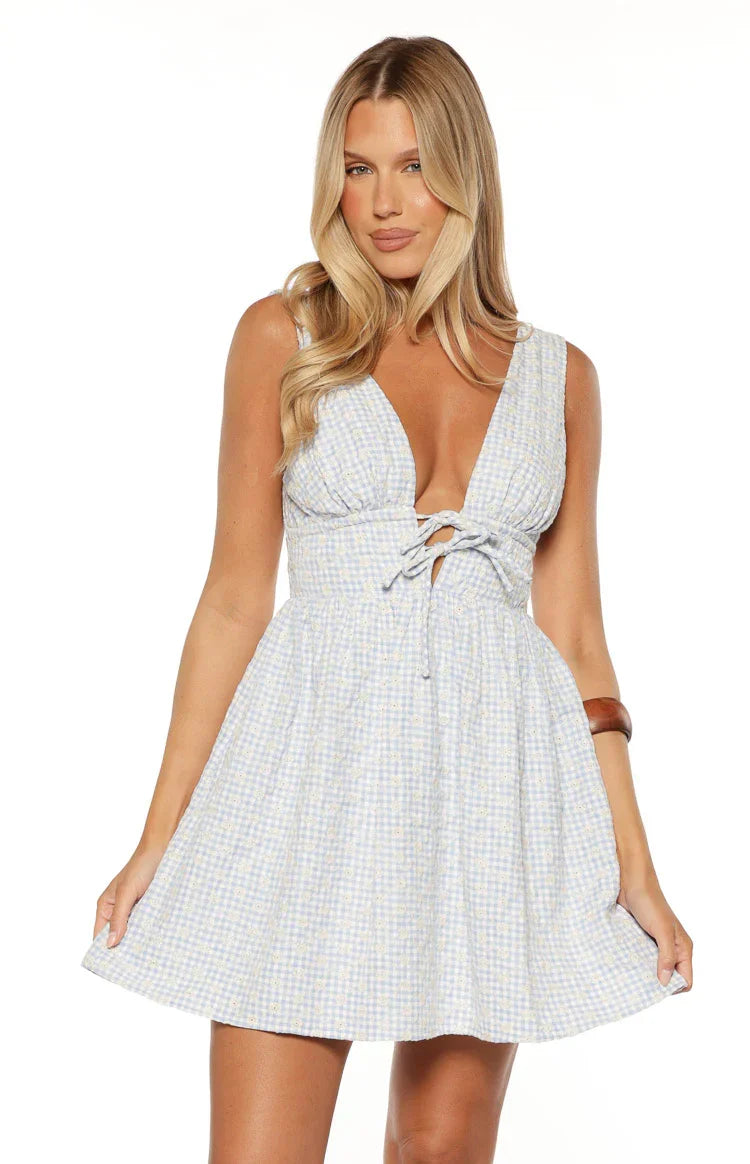 Saffron Blue Floral Tie Mini Dress