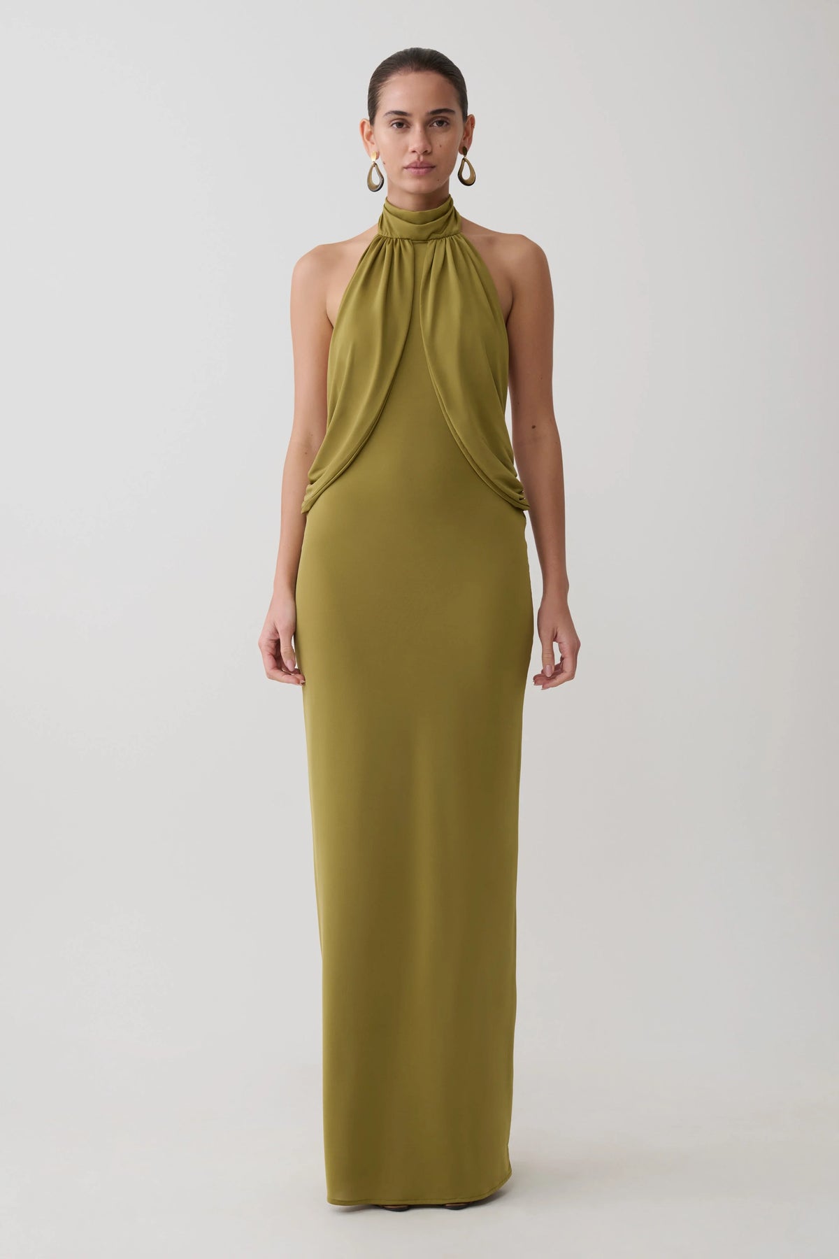 Joan Halter Neck Slinky Maxi Dress Martini Olive