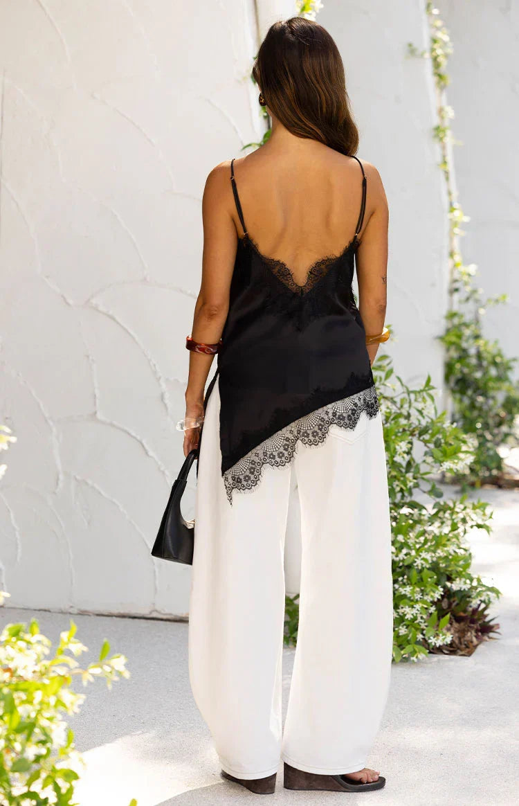 Ziva Black Satin Lace Trim Asymmetrical Top