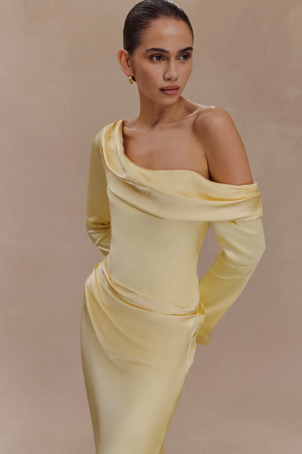 Iris Long Sleeve Satin Maxi Dress Lemon