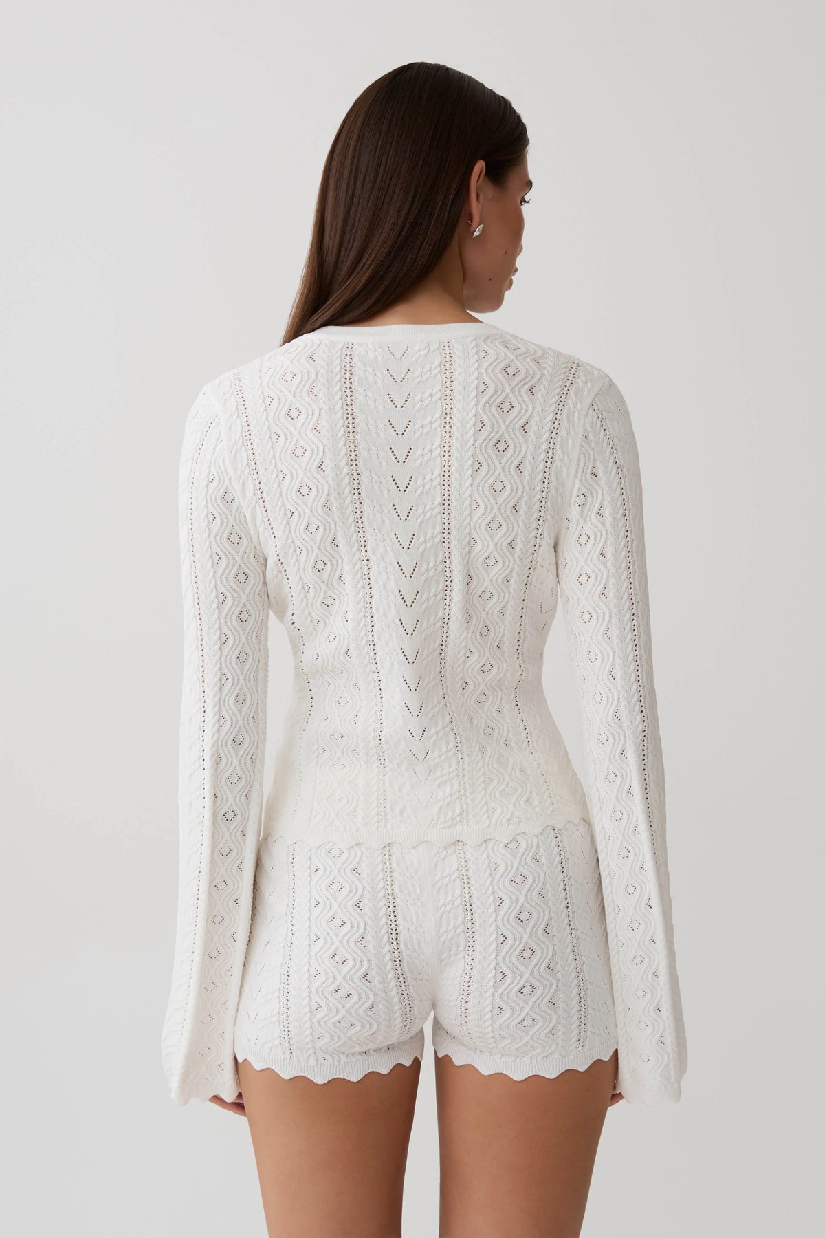 Darlene Pointelle Knit Long Sleeve Top White