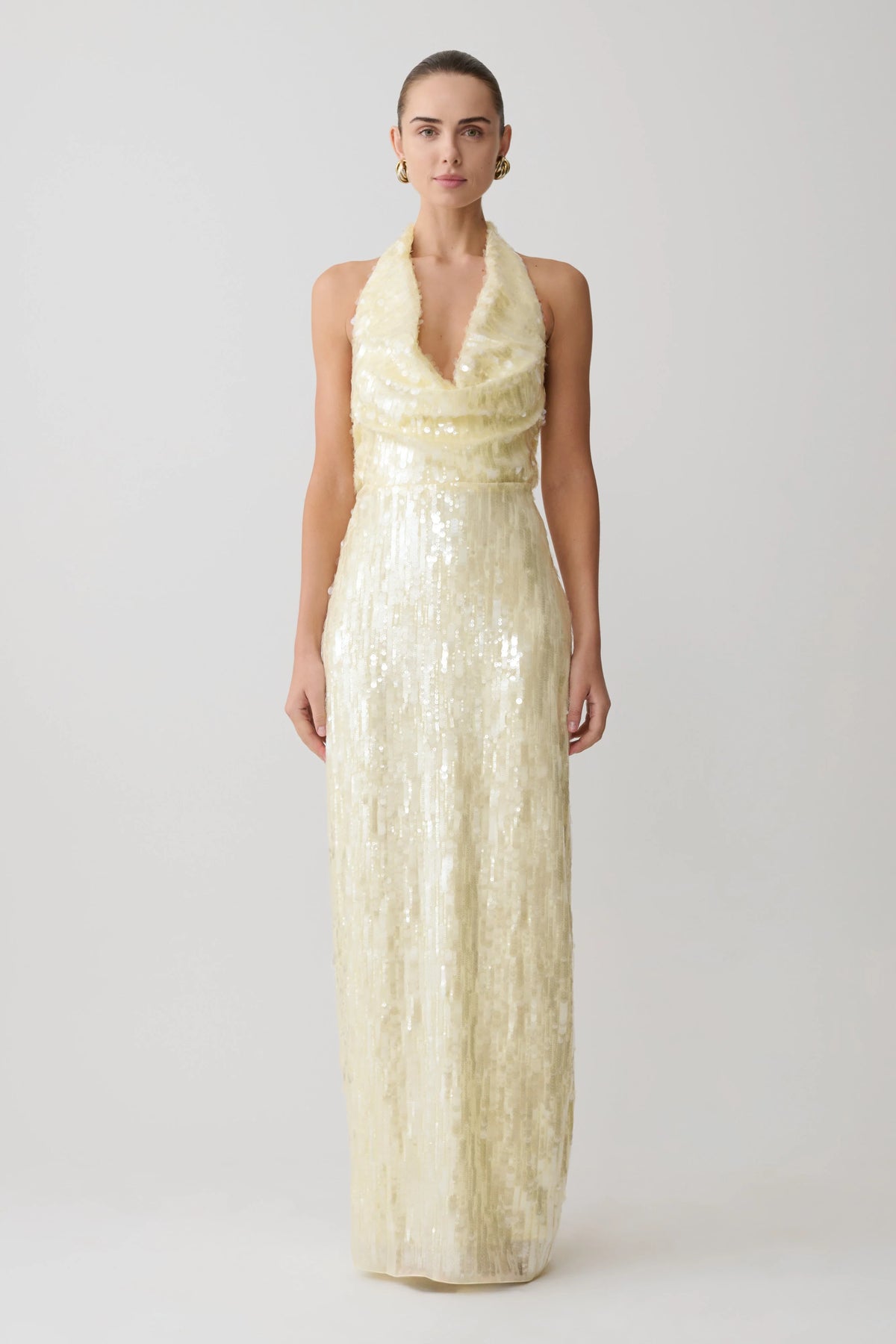 Gertrud Sequin Halter Maxi Dress Lemon