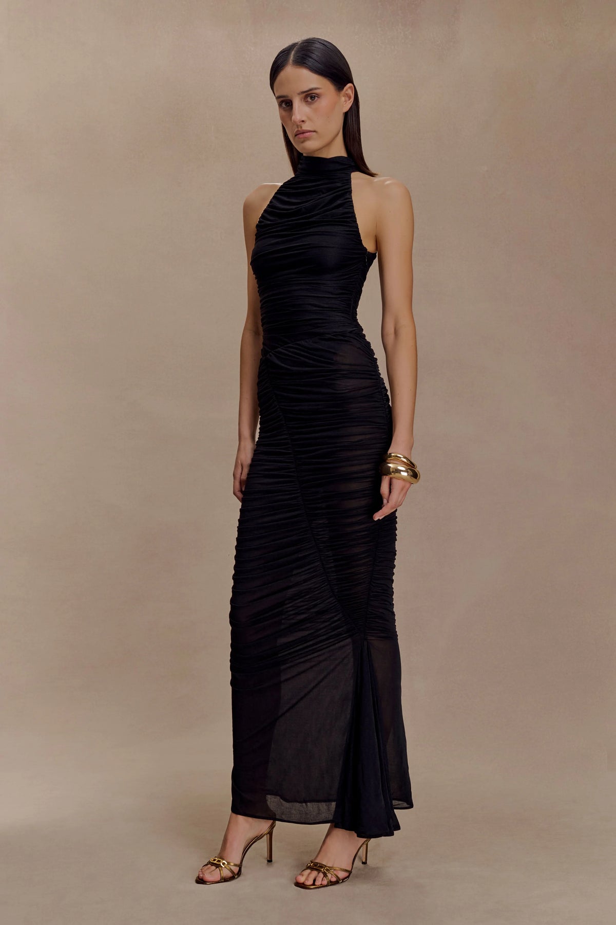 Matilda Ruched Mesh Maxi Skirt Black