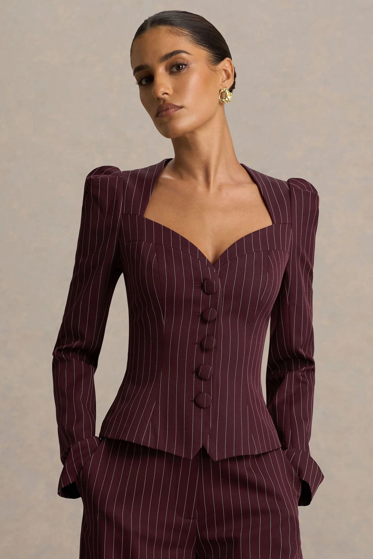 Lana Burgundy Pinstripe Woven Sweetheart Neck Tailored Top