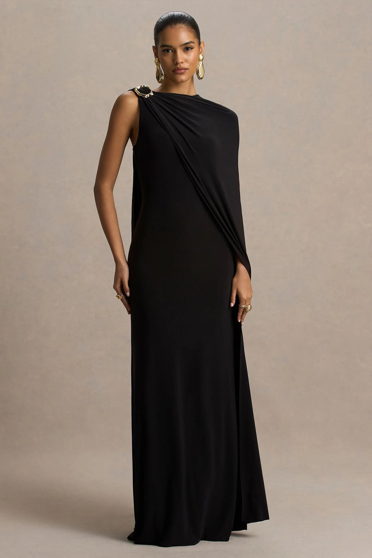 Cressida Black Asymmetric Neck Maxi Dress With Cape And Gold Detail