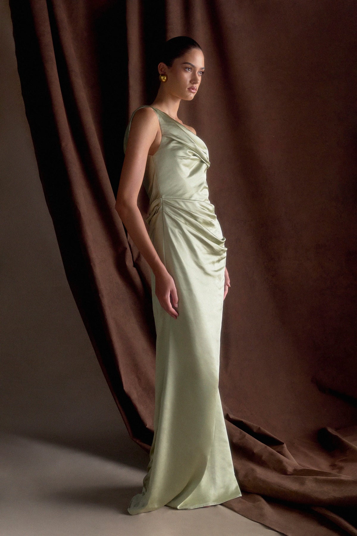 Dalia Off Shoulder Satin Maxi Dress Sage