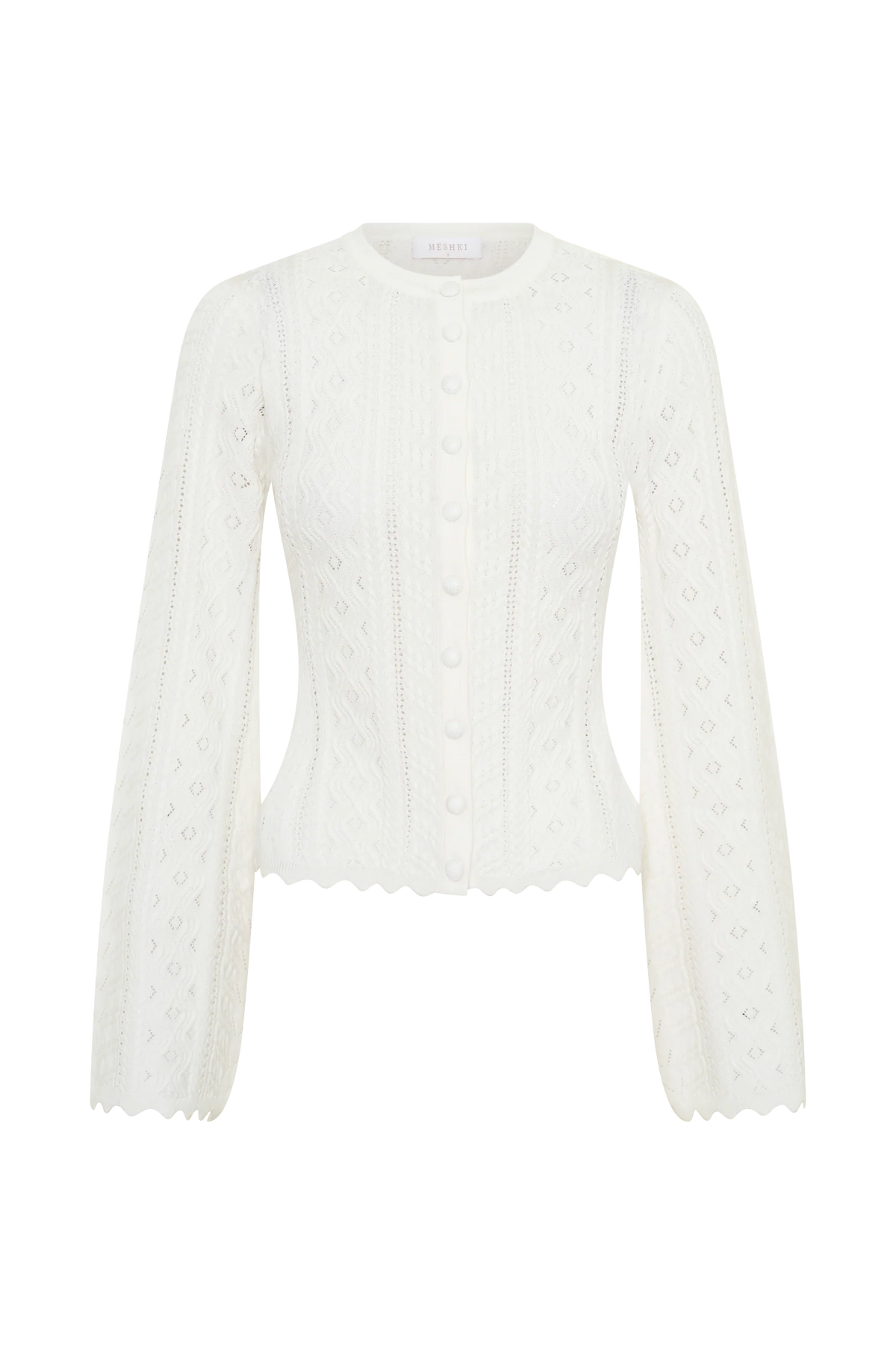 Darlene Pointelle Knit Long Sleeve Top White