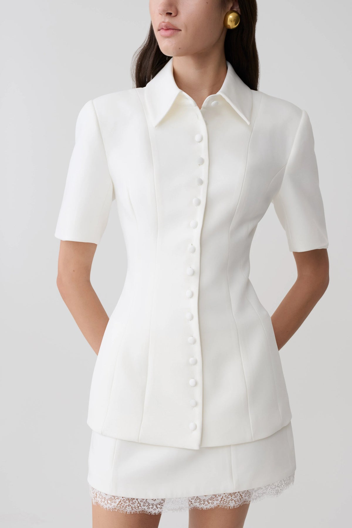 Ariella Button Up Short Sleeves Top White