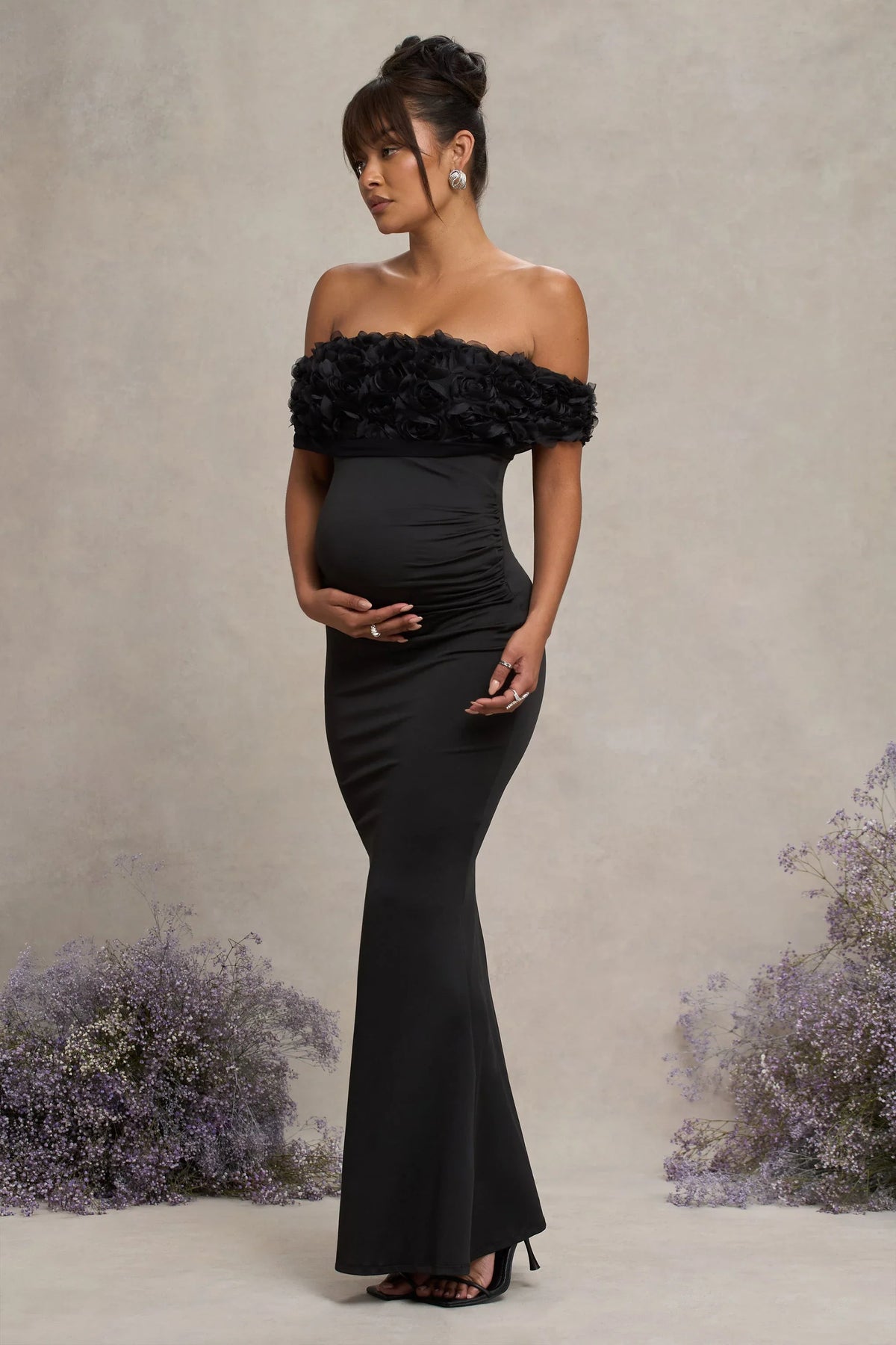 Inflorescence Black Mesh Floral Bardot Maternity Maxi Dress