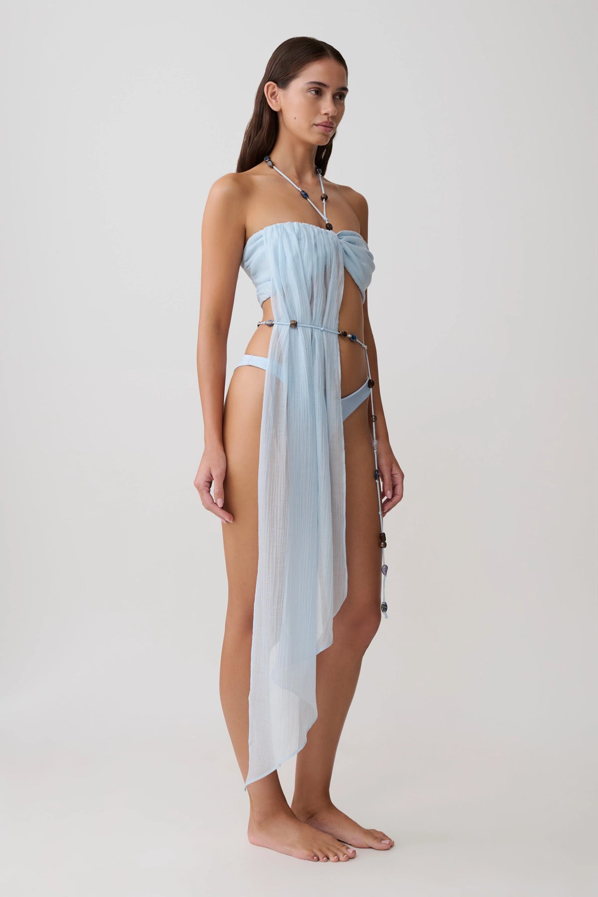 Kai Beaded Draped Scarf Top Pale Blue