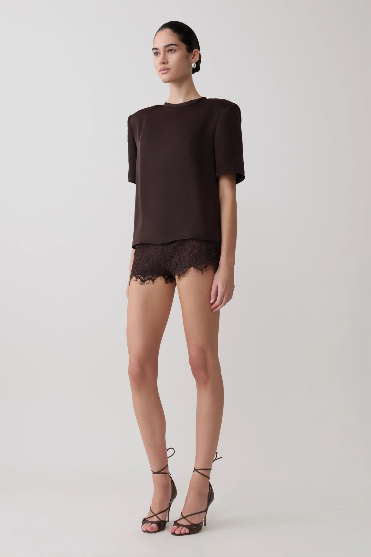 Harlyn Shoulder Pad Short Sleeve Satin Top Dark Chocolate