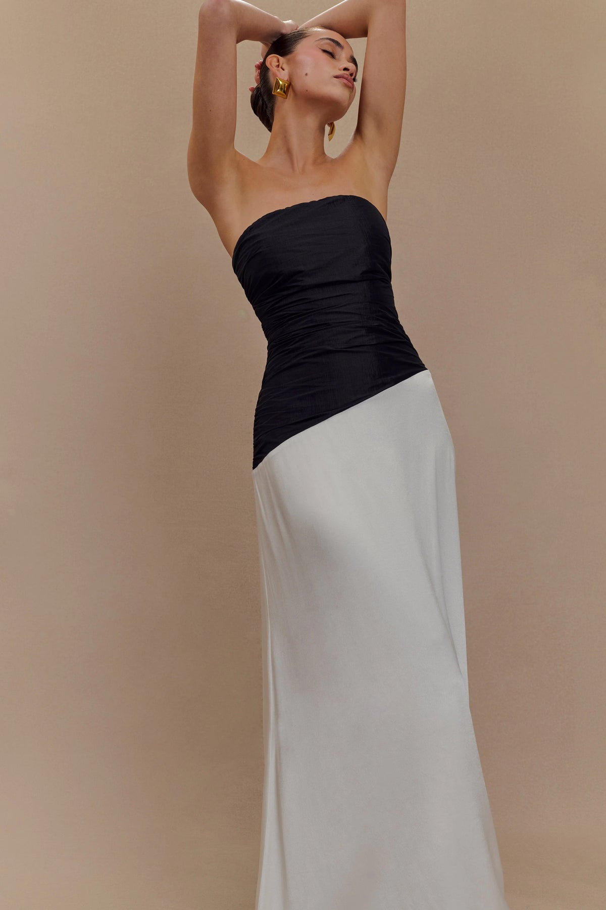 Serena Strapless Taffeta Maxi Dress White Black