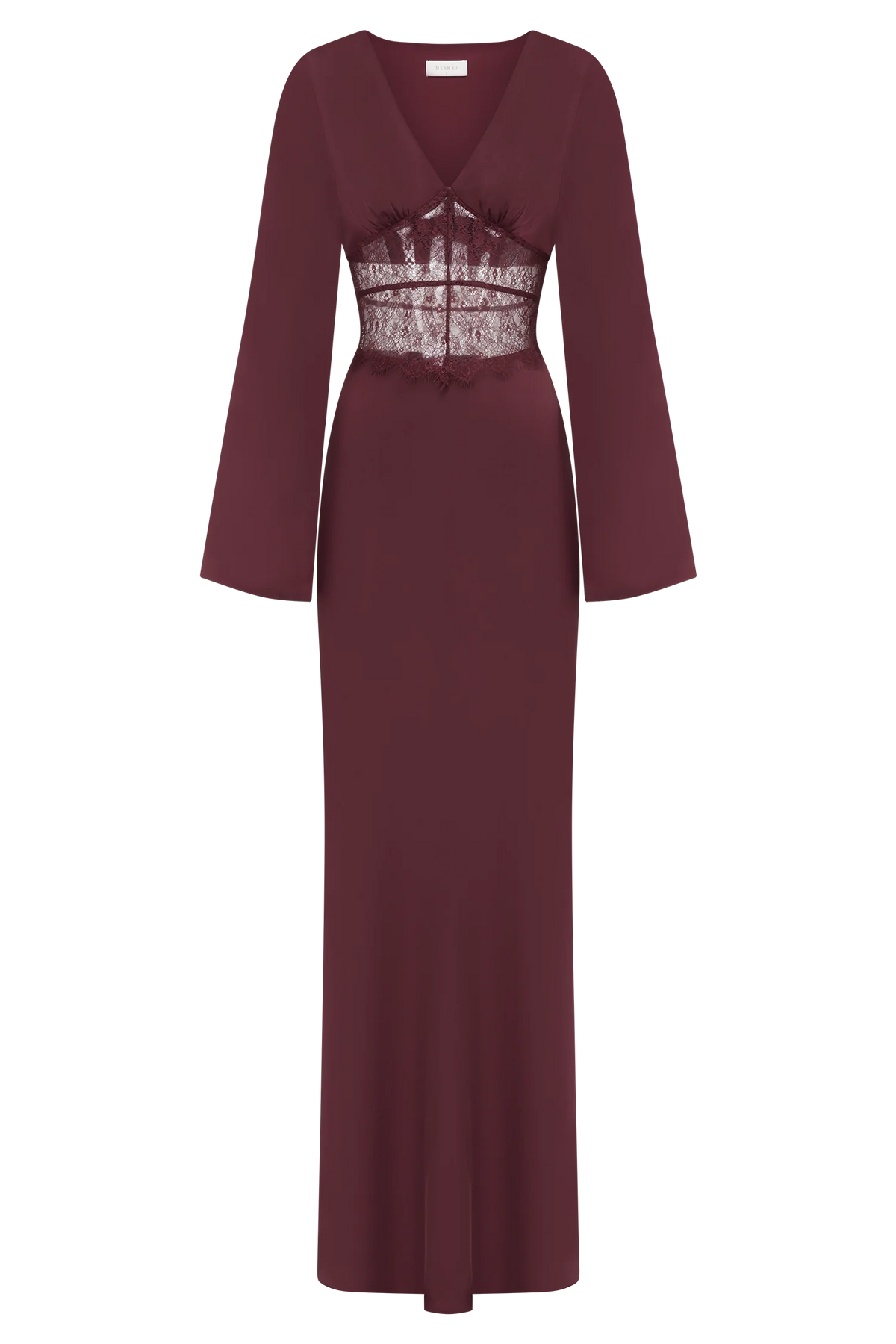 Kaya Long Sleeve Satin And Mesh Maxi Dress Wine