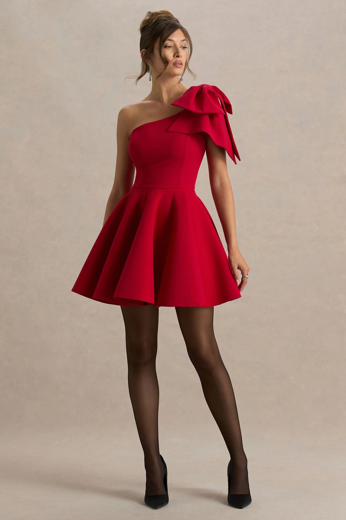 Prosperity Red Asymmetric Neck Mini Dress With Bow Detail