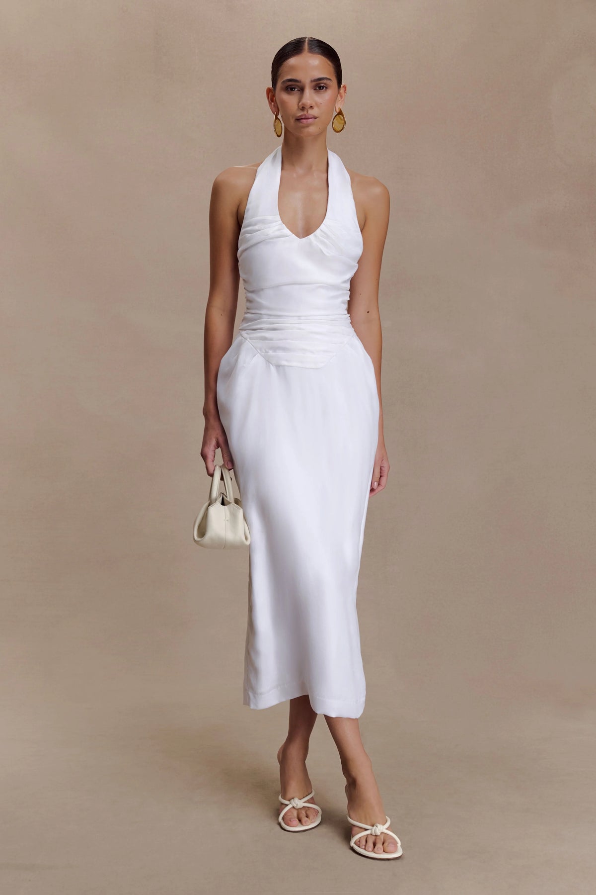 Daniela Ruched Halter Midi Dress White