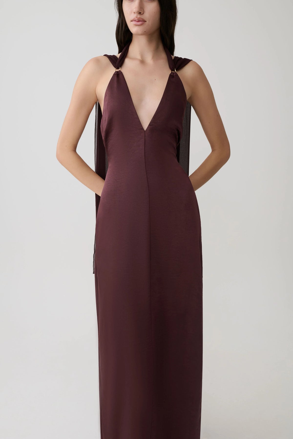 Myla Draped Shoulders Satin Maxi Dress Chocolate